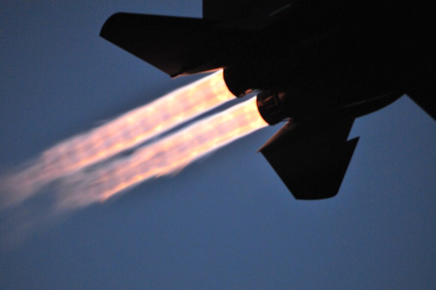 An F15 from the 125th Fighter Wing, Jacksonville, Fla. takes off at dusk.  The planes conducted night flying operations from August 2-6, 2010. (U.S. Air Force photo by MSgt Carmina Aguirre)