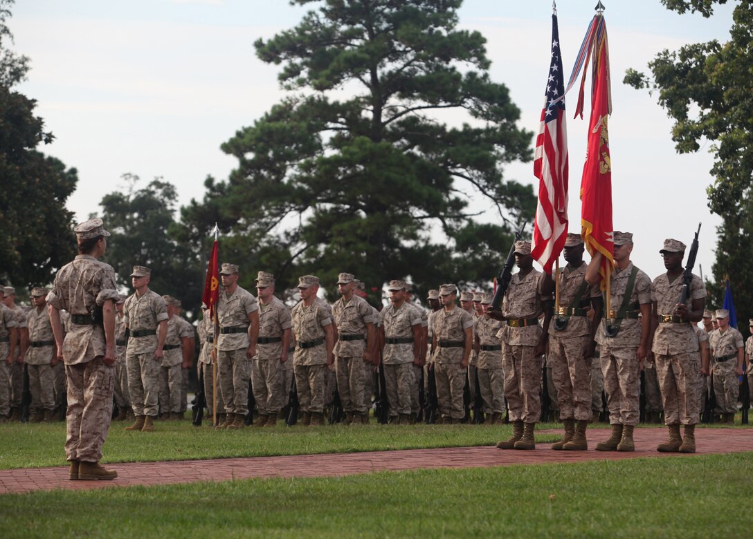 Marines representing the major subordinate commands of II Marine Expeditionary Force conduct a relinquishment of command ceremony aboard Marine Corps Base Camp Lejeune, Aug. 6, 2010.  Lt. Gen. Dennis J. Hejlik, relinquished command to assume duties as the commanding general of Marine Corps Forces Command. Major Gen. John A. Toolan will serve as the acting commander until the next II MEF commanding general is identified.