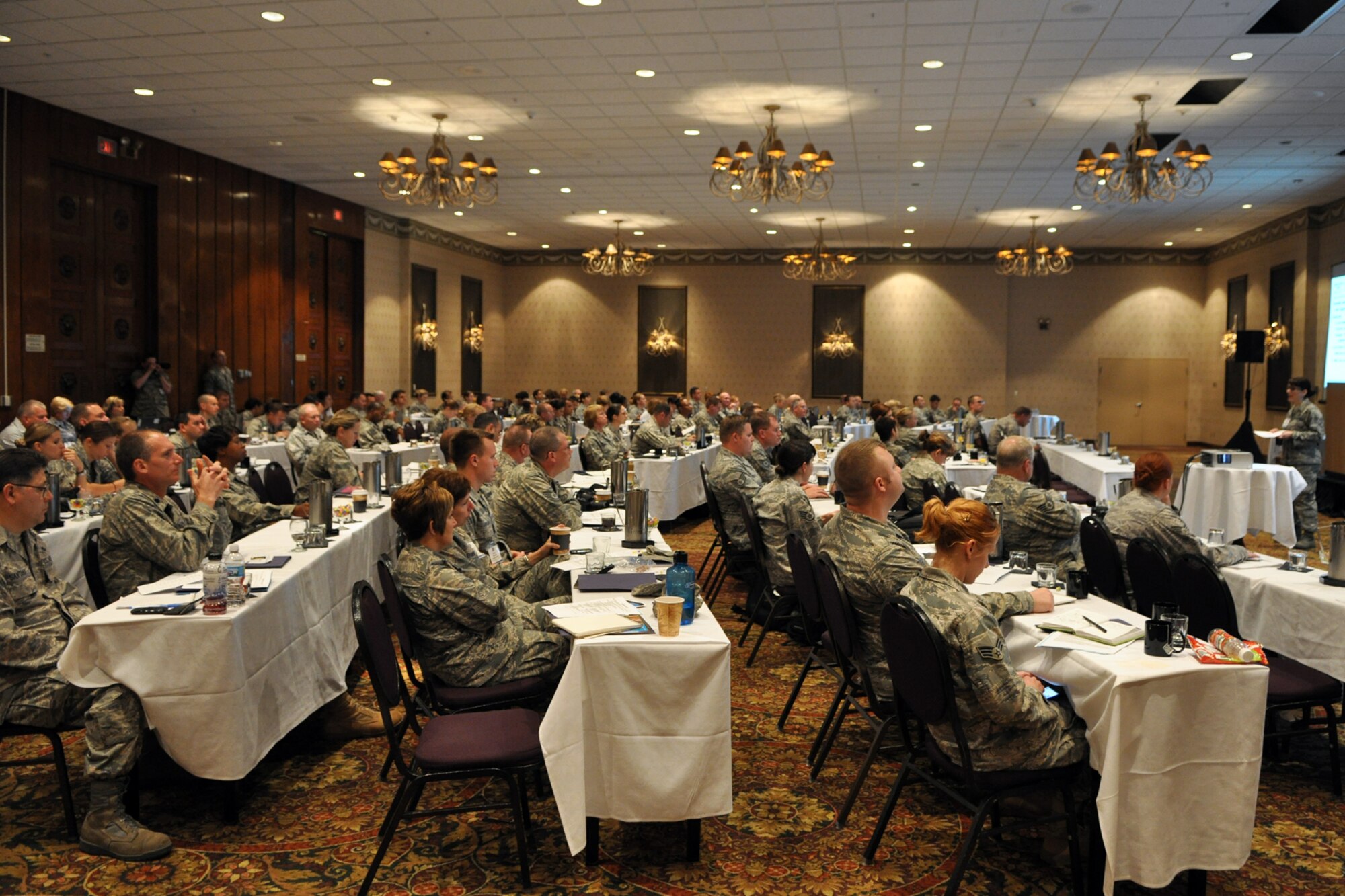Air Force Reserve Command public affairs professionals attend a briefing at the AFRC Public Affairs Conference at the Millennium Hotel in Minneapolis, Minn., July 21, 2010. The conference, which is hosted every two years, allows PA representatives from throughout the AFRC to network over a three-day period and receive training they can’t get anywhere else. Over 170 PA professionals took part in the conference from July 20-22. (U.S. Air Force photo/Tech. Sgt. Jeff Walston)

