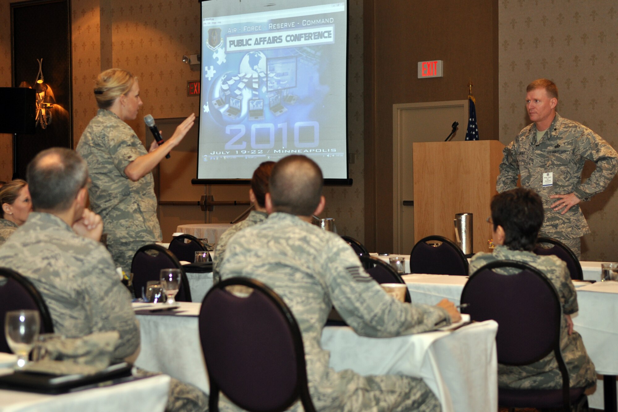 Brig. Gen. Aurthur C. Haubold, who is the mobilization assistant to the Air Force Director of Public Affairs, Office of the Secrectary of the Air Force, the Pentagon, Washington, D.C., takes questions after briefing more than 170 Airmen at the AFRC Public Affairs Conference in Minneapolis, Minn., July 21, 2010. The conference, which is hosted every two years, allows PA representatives from throughout the AFRC to meet over a three-day period and receive training and information they can’t get anywhere else. (U.S. Air Force photo/Tech. Sgt. Jeff Walston)