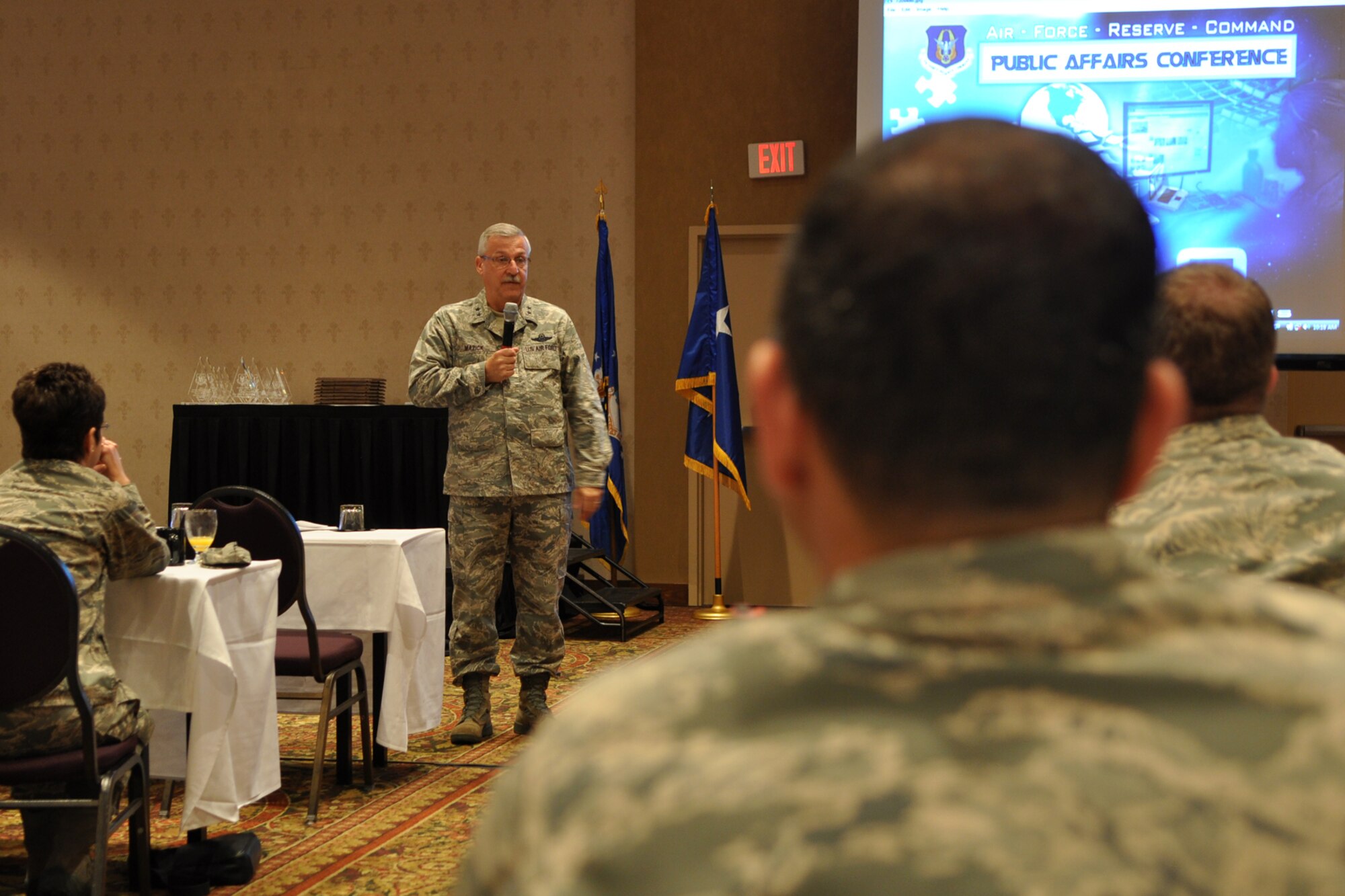 Maj. Gen. Martin M. Mazick, vice commander, Air Force Reserve Command, fields questions after briefing more than 170 Airmen at the AFRC Public Affairs Conference in Minneapolis, Minn., July 20, 2010. The conference, which is hosted every two years, allows PA representatives from throughout the AFRC to meet over a three-day period and receive training and information they can’t get anywhere else. (U.S. Air Force photo/Tech. Sgt. Jeff Walston)