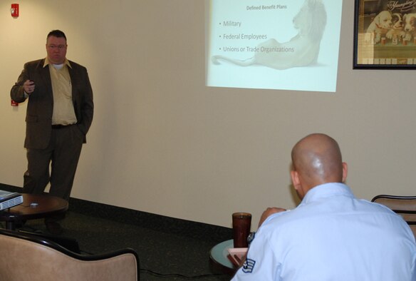 Drew Maxwell of Lion’s Share Financial Services discusses  financial planning and budgeting during a “lunch & learn” seminar at the Consolidated Club, Marietta Room Aug. 7.

The seminar, hosted by the 94th Airlift Wing Human Resource Development Council focused on military career progression and the impact of finances on the member’s security clearance. (U.S. Air Force photo/Master Sgt. James Branch)
