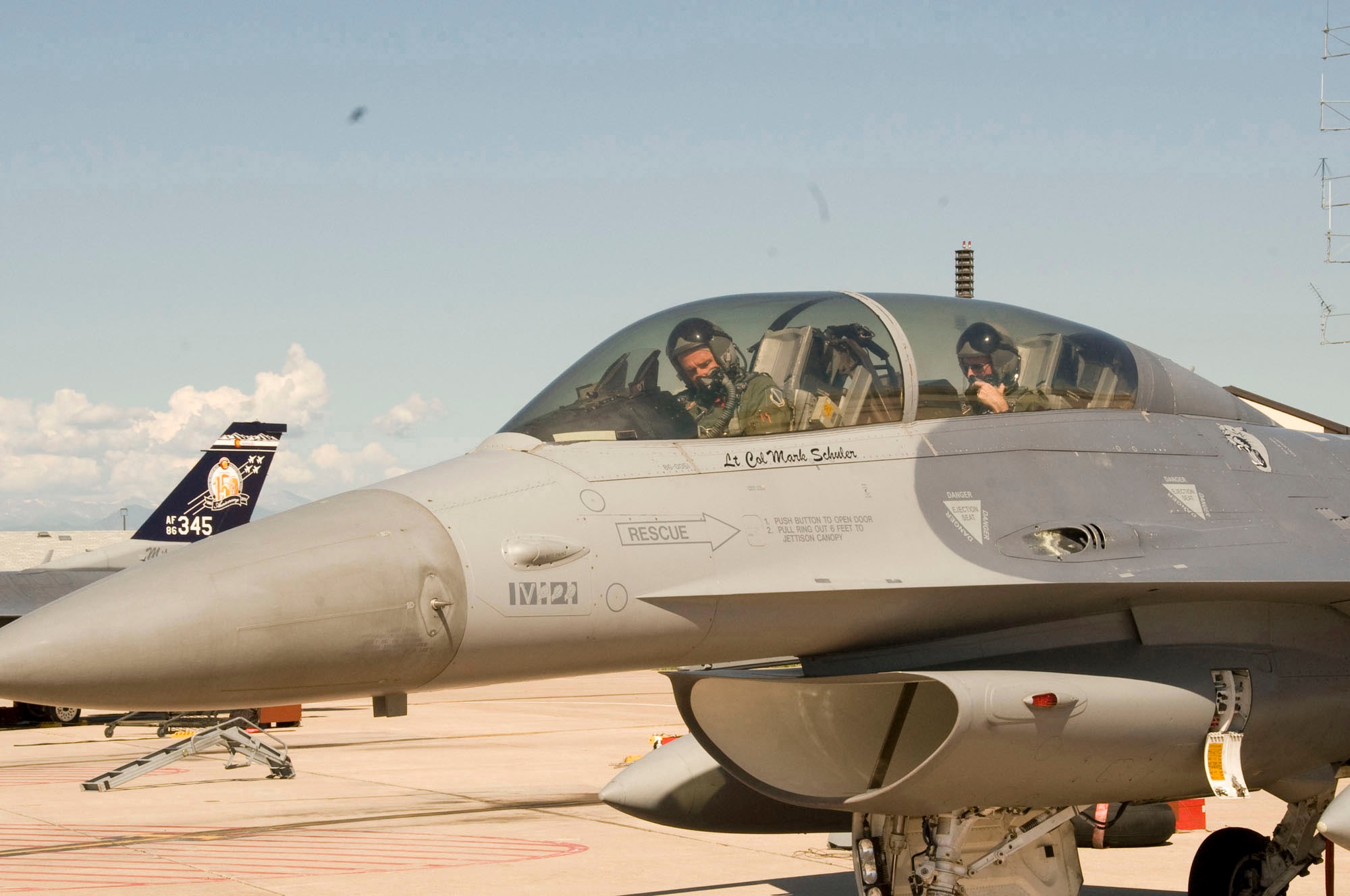 Gen C. Robert Kehler, Air Force Space Commander, and Brig. Gen. Trulan A. Eyre, 140th Wing Commander, run pre-flight checks prior to takeoff.  Gen Kehler spent the day learning about the missions of the Colorado Air National Guard as well as spending time with Airmen from the 460th Space Wing at Buckley Air Force Base.