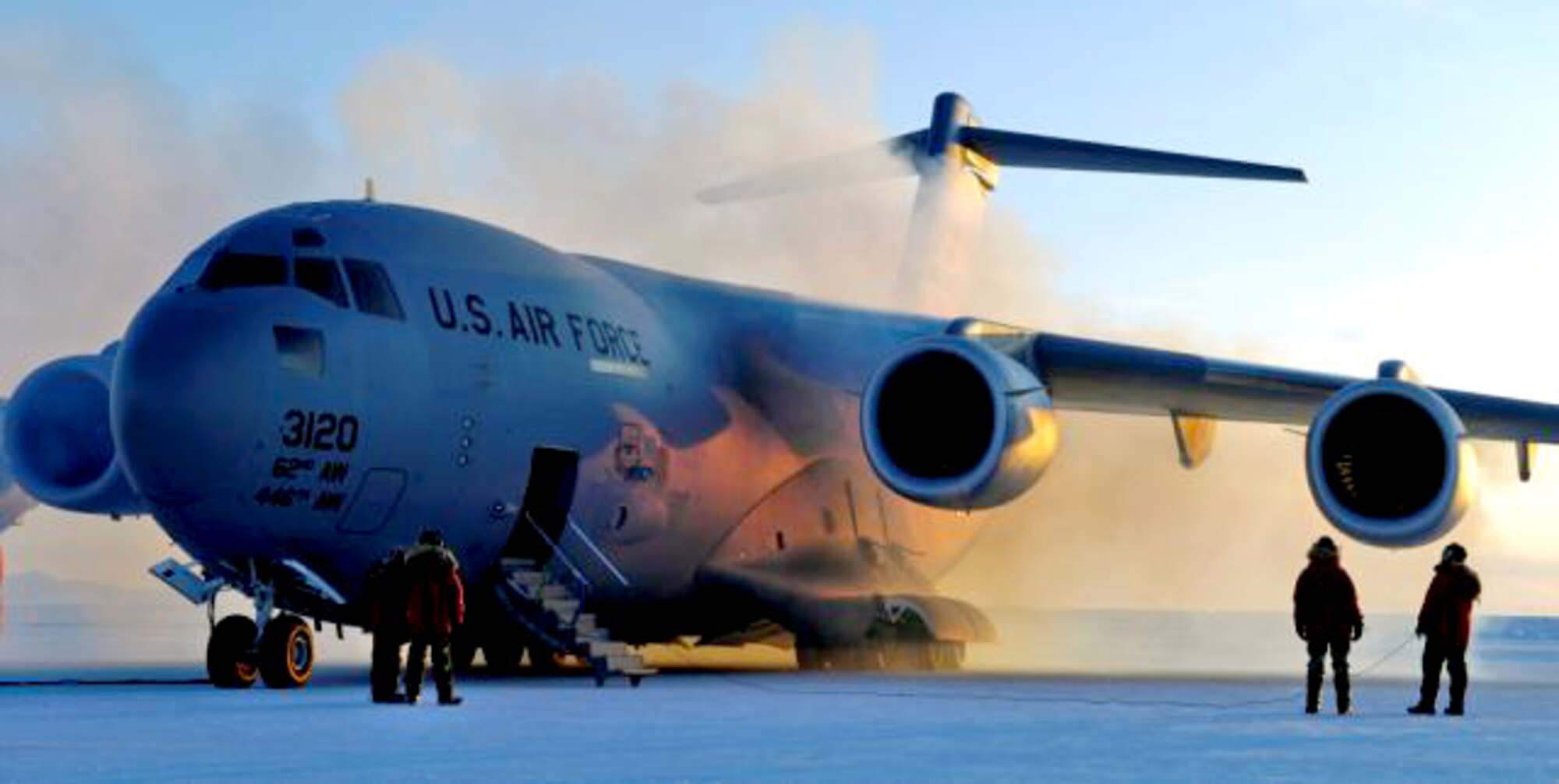 MCMURDO STATION, Antarctica - One of the 51 C-17 Globemaster III aircraft from Joint Base Lewis-McChord, McChord Field, Wash., sits on Pegusus Runway, waiting to take-off for its next leg of the mission of supporting the U.S. Antarctic program and the National Science Foundation, in preparation for Operation Deep Freeze. This year's WINFLY period, which begins Aug. 9 and is scheduled to last until Aug. 29, will deliver advance teams and cargo for the upcoming main season of ODF. (Courtesy photo/ Chief Master Sgt. James Massura).