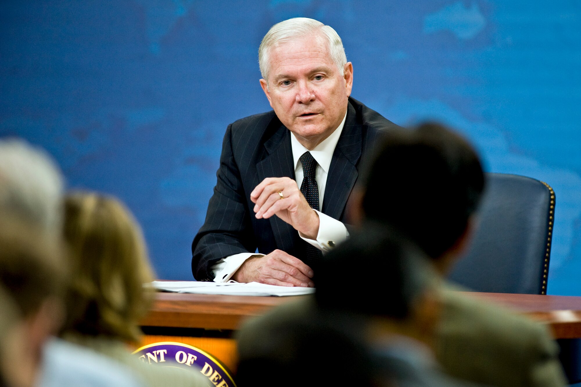 Defense Secretary Robert M. Gates conducts a press conference at the Pentagon, Aug. 9, 2010. Gates said he is taking steps to help the U.S. military fight the wars it faces now, and help ready the force for the wars it may face in the future. With these moves, the secretary said, he wants to instill a culture of saving in the department. (DoD photo by Cherie Cullen) 