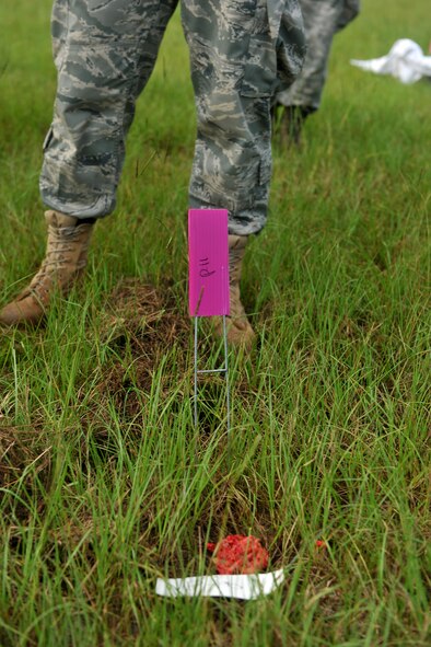 MOODY AIR FORCE BASE, Ga. -- Moody Airmen place markers on items they find during search and recovery team training here Aug. 6. When an item from the crash is found, an identifying number is placed as a marker for Airmen from 23rd Civil Engineer Squadron to use to triangulate that location. (U.S. Air Force photo by Airman 1st Class Joshua Green/RELEASED)