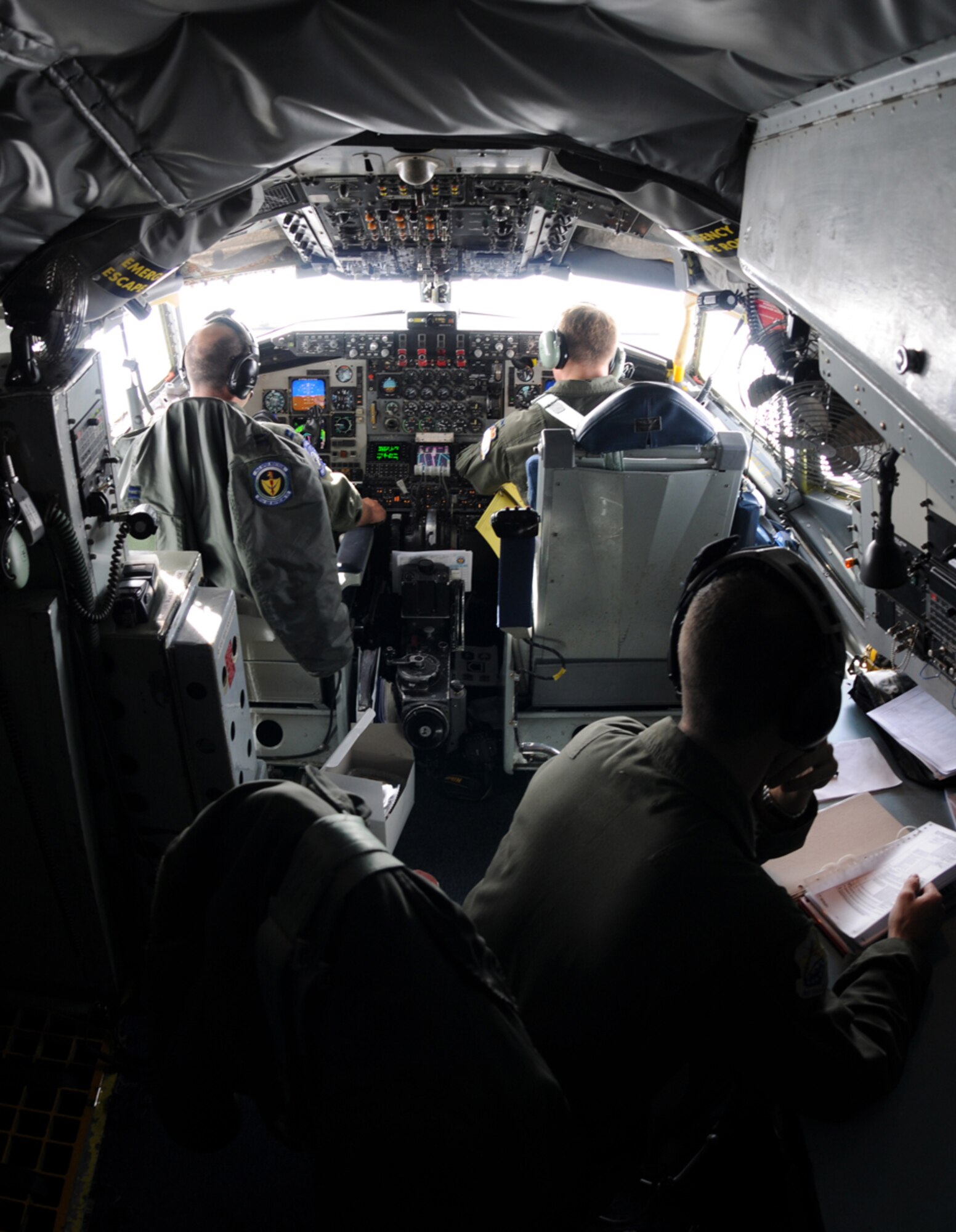 RAF MILDENHALL, England -- The crew of a 100th Air Refueling Wing KC-135 man the cockpit of their tanker during Allied Strike, a multinational exercise which ran from Aug. 2 to 5, and involved American, Belgian and German aircraft.  (U.S. Air Force photo/Staff Sgt. Austin M. May)
