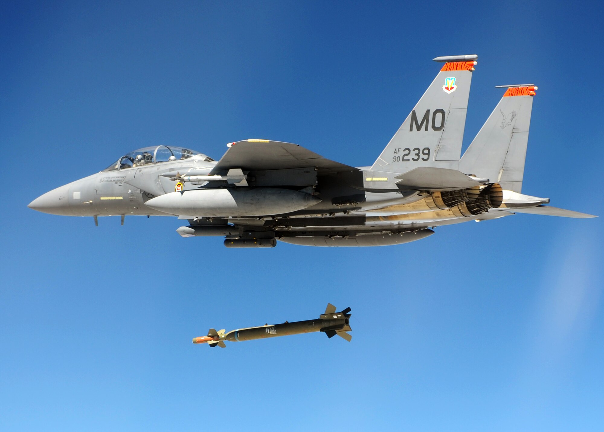 An F-15E Strike Eagle from the 391st Fighter Squadron drops a Guided Bomb Unit-28 during a Combat Hammer mission at Hill Air Force Base, Utah. Combat Hammer is an Air-to-Ground Weapons System Evaluation Program maintained by the 86th Fighter Weapons Squadron.  Combat Hammer marked the first of three weeks of evaluation at Hill AFB by the 53rd Weapons Evaluation Group.  Combat Archer, an air-to-air evaluation, is the second week, followed by a combined air and ground WSEP in the final week.  The WSEP program is used to evaluate the effectiveness and suitability of combat air force weapon systems. The evaluations are accomplished during tactical deliveries of fighter, bomber and unmanned aerial system precision guided munitions, on realistic targets with air-to-air and surface-to-air defenses. For many of the aircrew participating in WSEP, it is the first time employing live weapons. This provides a level of combat experience many units face during combat. (Courtesy photo.)
