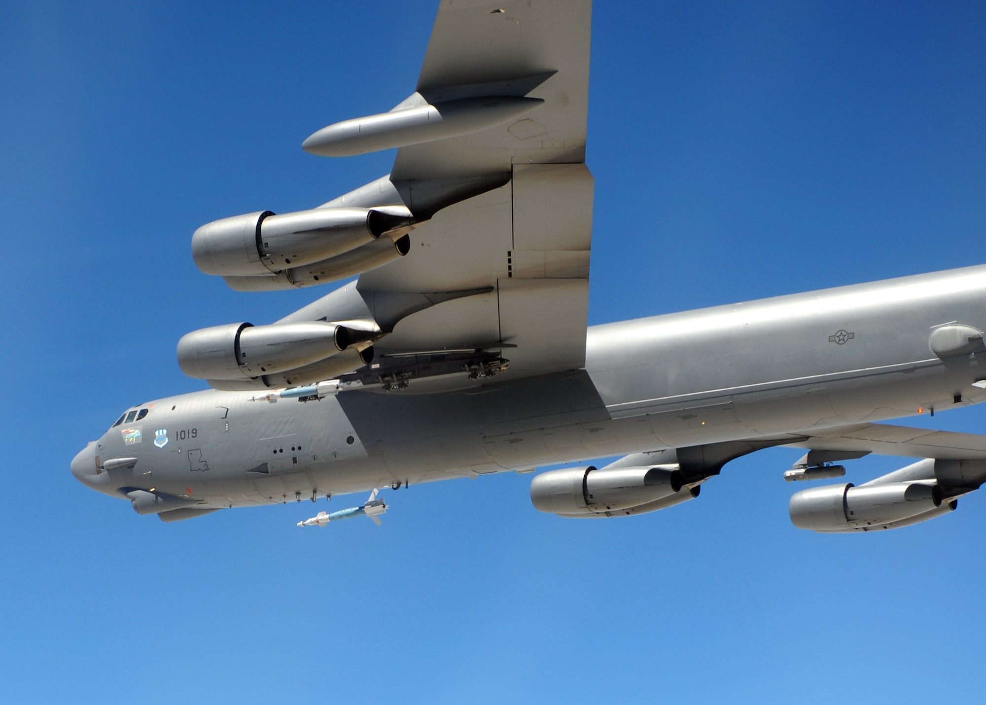 A B-52 Stratofortress from the 2nd Bomb Wing drops a Guided Bomb Unit-12 during a Combat Hammer mission at Hill Air Force Base, Utah. Combat Hammer is an Air-to-Ground Weapons System Evaluation Program maintained by the 86th Fighter Weapons Squadron.  Combat Hammer marked the first of three weeks of evaluation at Hill AFB by the 53rd Weapons Evaluation Group.  Combat Archer, an air-to-air evaluation, is the second week, followed by a combined air and ground WSEP in the final week.  The WSEP program is used to evaluate the effectiveness and suitability of combat air force weapon systems. The evaluations are accomplished during tactical deliveries of fighter, bomber and unmanned aerial system precision guided munitions, on realistic targets with air-to-air and surface-to-air defenses. For many of the aircrew participating in WSEP, it is the first time employing live weapons. This provides a level of combat experience many units face during combat. (Courtesy photo.)