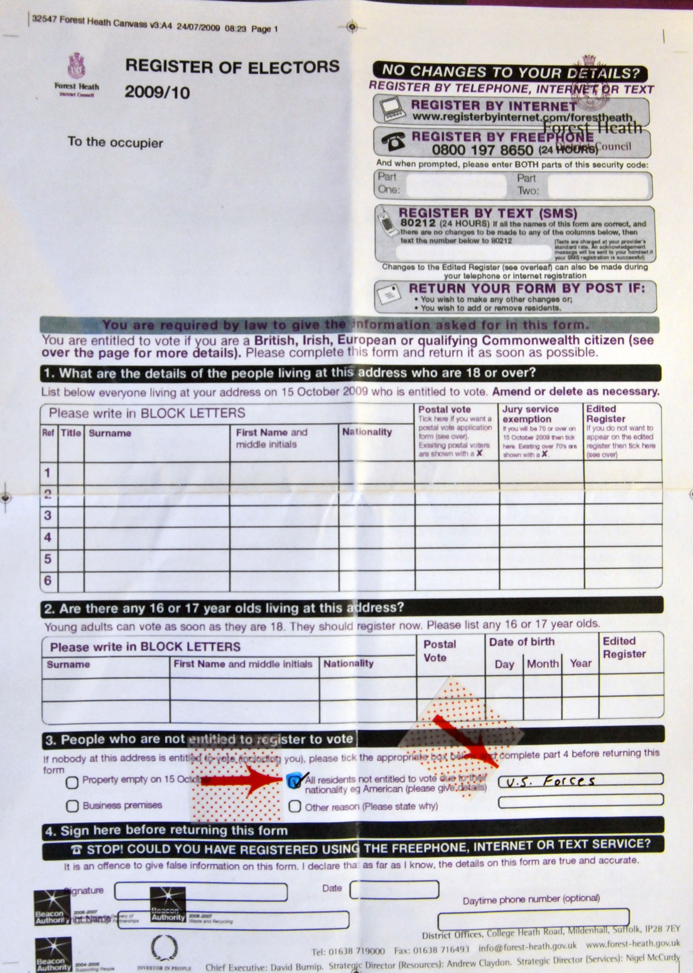 All U.S. Servicemenbers and DoD Civilians residing in the Forest Heath area must fill out Section 3 of this form. Other information will be required if a British National is also a member of the home. (US Air Force photo/Tech. Sgt. Kevin Wallace)