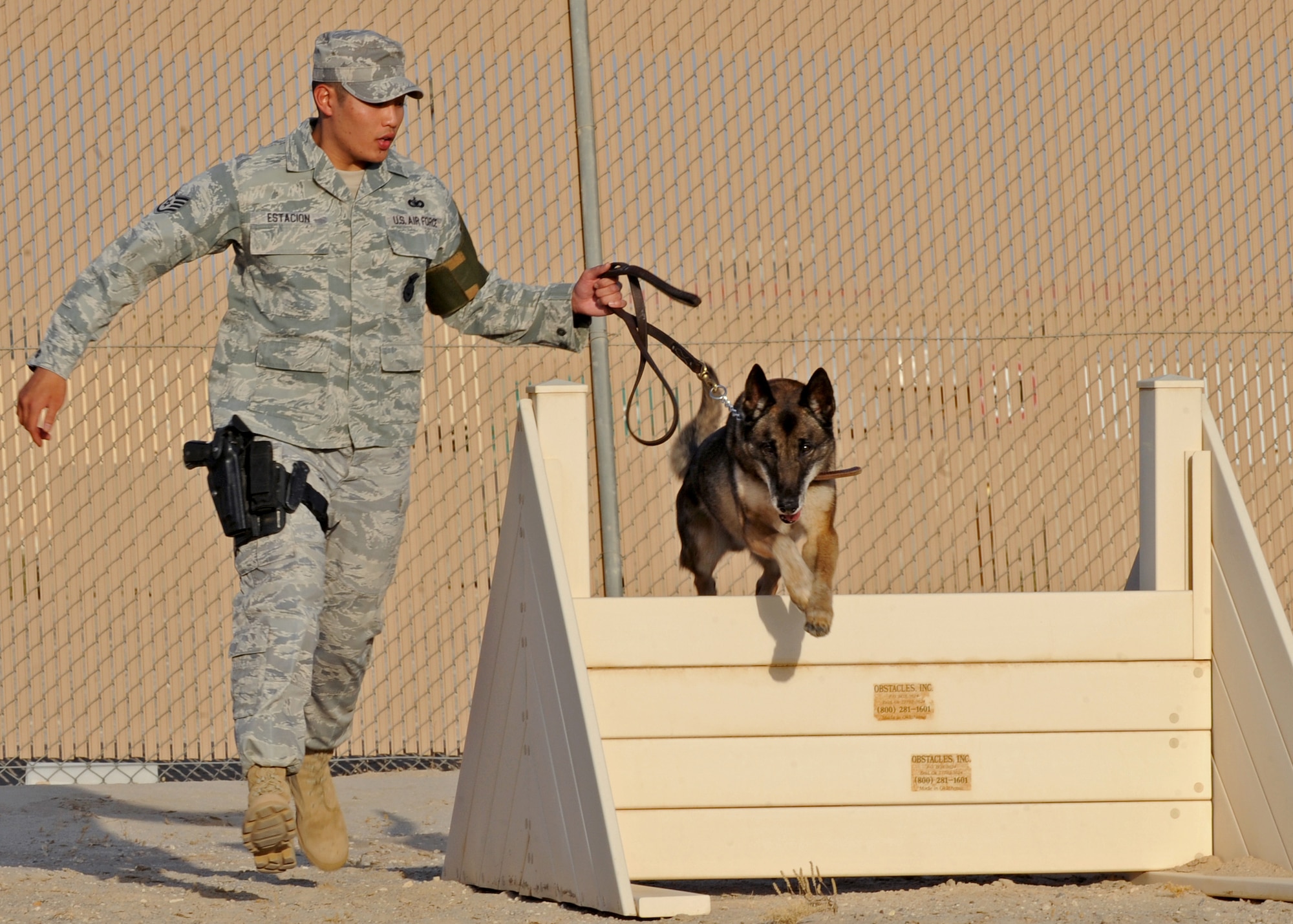 SOUTHWEST ASIA -- Staff Sgt. Lino Estacion, a dog handler with the 386th Expeditionary Security Forces Squadron, takes his military working dog, Gabe, through an obstacle course at an undisclosed air base here July 27, 2010, as part of a routine training and exercise program. MWDs safeguard base assets and personnel by using their powerful sense of smell to detect dangers during foot patrols and other anti-terrorism tasks. Highly driven military dogs are used in patrol and drug- and explosive-detection missions. (U.S. Air Force photo by Senior Airman Laura Turner)