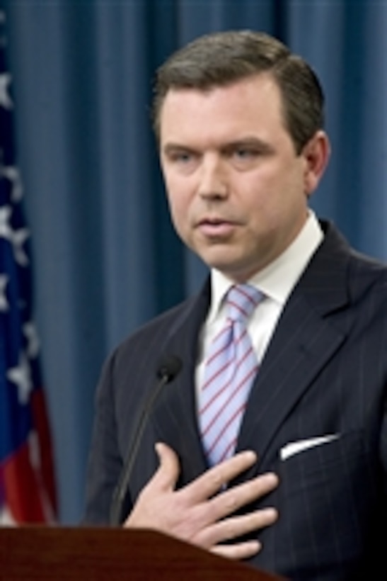 Pentagon Press Secretary Geoff Morrell responds to a reporter's question during a press briefing in the Pentagon on Aug. 5, 2010.  