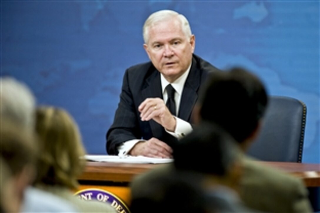 Defense Secretary Robert M. Gates conducts a press conference at the Pentagon, Aug. 9, 2010. Gates said he is taking steps to help the U.S. military fight the wars it faces now, and help ready the force for the wars it may face in the future. With these moves, the secretary said, he wants to instill a culture of saving in the department.
