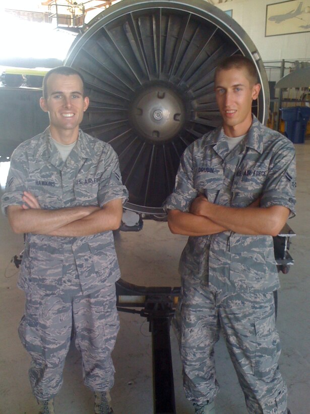 Two graduates from the 362nd Training Squadron F-15 aircraft maintenance course, received the ACE Award, the highest academic honor a student can achieve, after completing the course at Sheppard Air Force Base, Texas, Aug. 5.  Airman First Class Jonathan Hawkins (left) and Airman 1st Class Stephen Drubin (right) maintained perfect 100 percent averages through five blocks of instruction. The course of instruction consisted of fighter aircraft fundamentals, egress, airframe, weapons, electrical, avionics, utility systems, hydraulics, landing gear, flight controls, engines, engine starting systems, and inspections. The F-15 aircraft maintenance course has 8 F-15 A/B/C/D models that allow students hands on training with real aircraft. (U.S. Air Force Photo courtesy) 