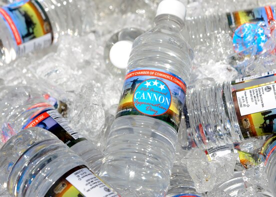 Bottles of water specially labeled were part of canoe filled with iced drinks during Cannon Appreciation Day, August 6 at Unity Park. The Clovis, N.M. community showed its appreciation of the Airman, their families and civilian employees during the 21st annual event at Cannon Air Force Base, N.M. ( U.S. Air Force photo by Greg Allen) (RELEASED)