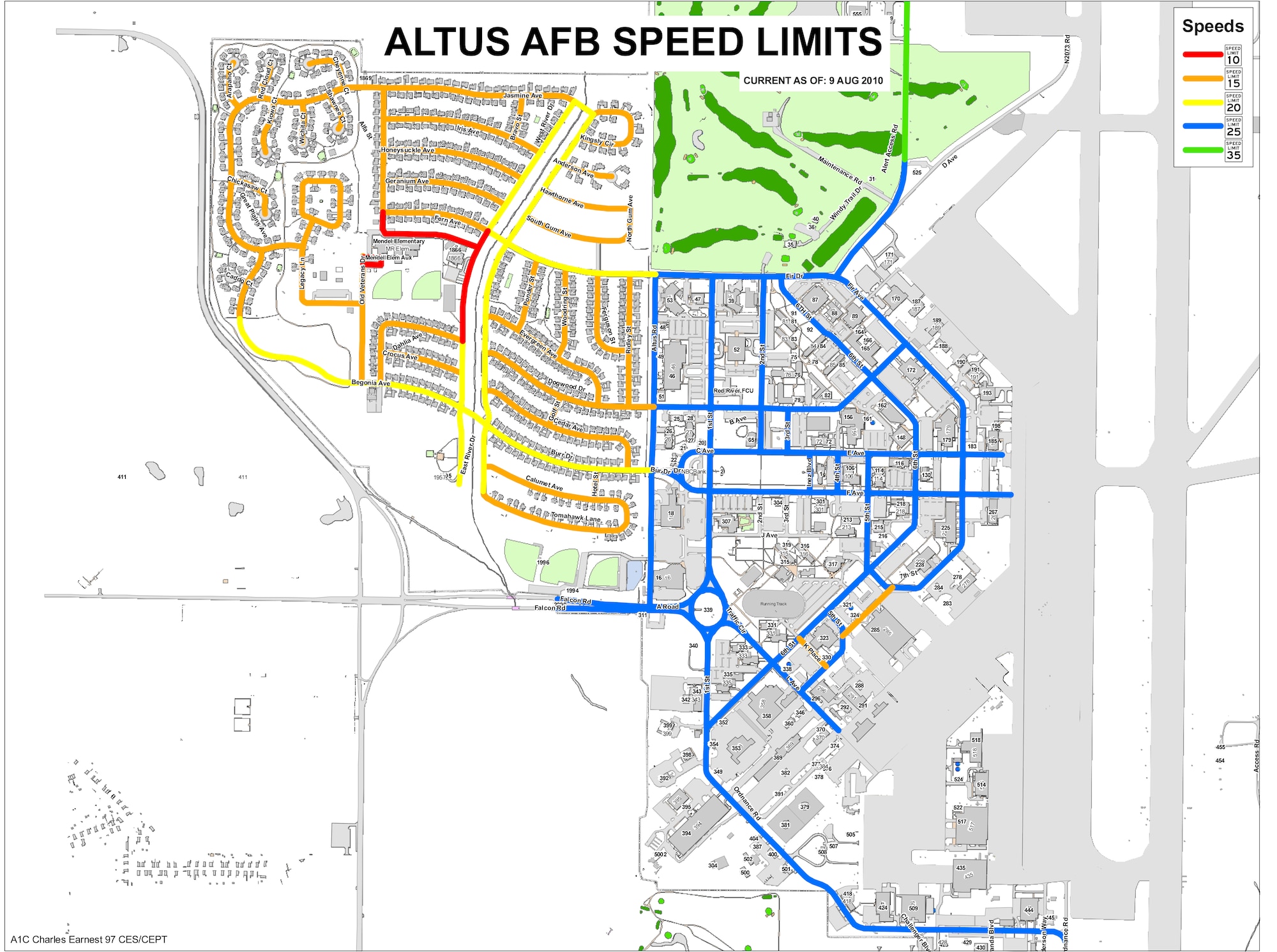 This map shows the speed limits on base. (U.S. graphic / Released 97th Air Moblity Wing Public Affairs)