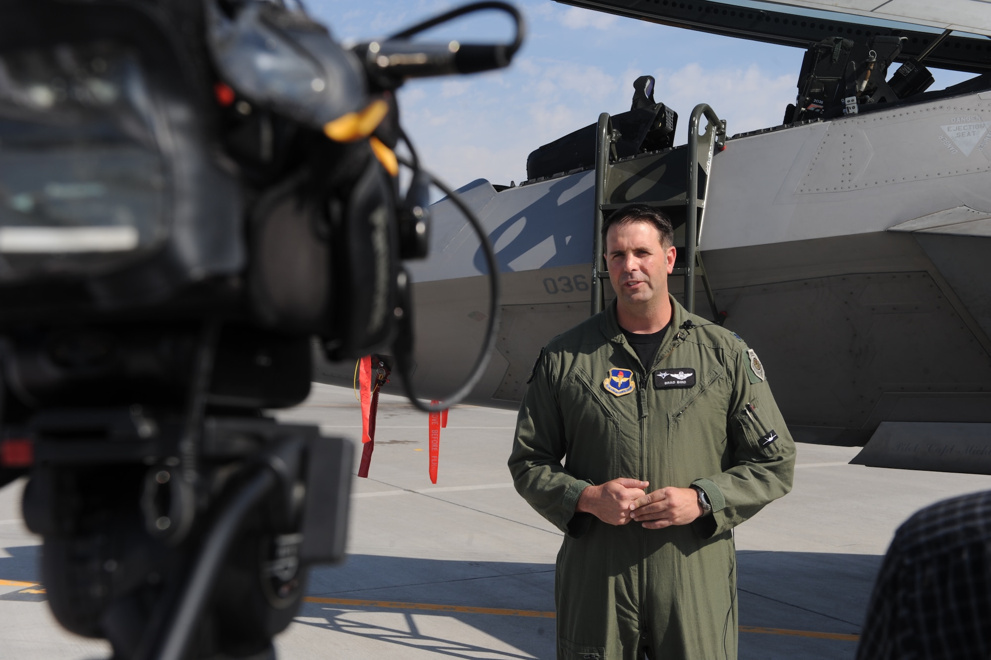 MOUNTAIN HOME AIR FORCE BASE, Idaho -- Lt. Col. Bradley Bird, 43rd Fighter Squadron commander and F-22 pilot, is interviewed about Exercise Global Gem during a media visit here Aug. 6. More than 150 Airmen and 12 F-22 Raptors from Tyndall Air Force Base, Fla.,  began a five-week-long training mission here with the 389th FS on Aug. 2. (U.S. Air Force photo by Airman 1st Class Debbie Lockhart)