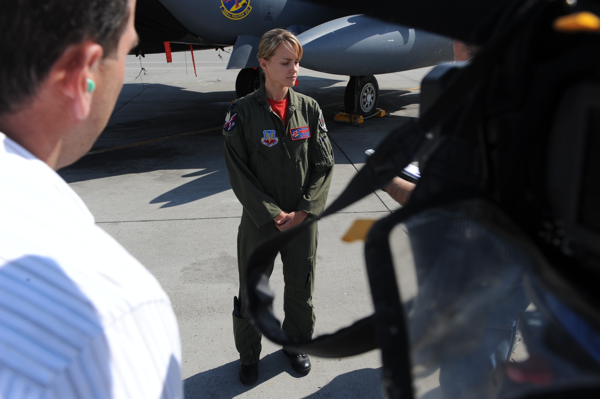 MOUNTAIN HOME AIR FORCE BASE, Idaho -- Capt. Jessica Hietpas, 389th Fighter Squadron F-15E pilot, is interviewed by local media on the role she plays during Exercise Global Gem Aug. 6. Captain Hietpas is one of several F-15E pilots who are supporting the 43rd Fighter Squadron by giving the F-22 Raptors a target to shoot. Members of the 389th and 43rd Fighter Squadrons will continue their training through Sept. 2. (U.S. Air Force photo by Airman 1st Class Debbie Lockhart)