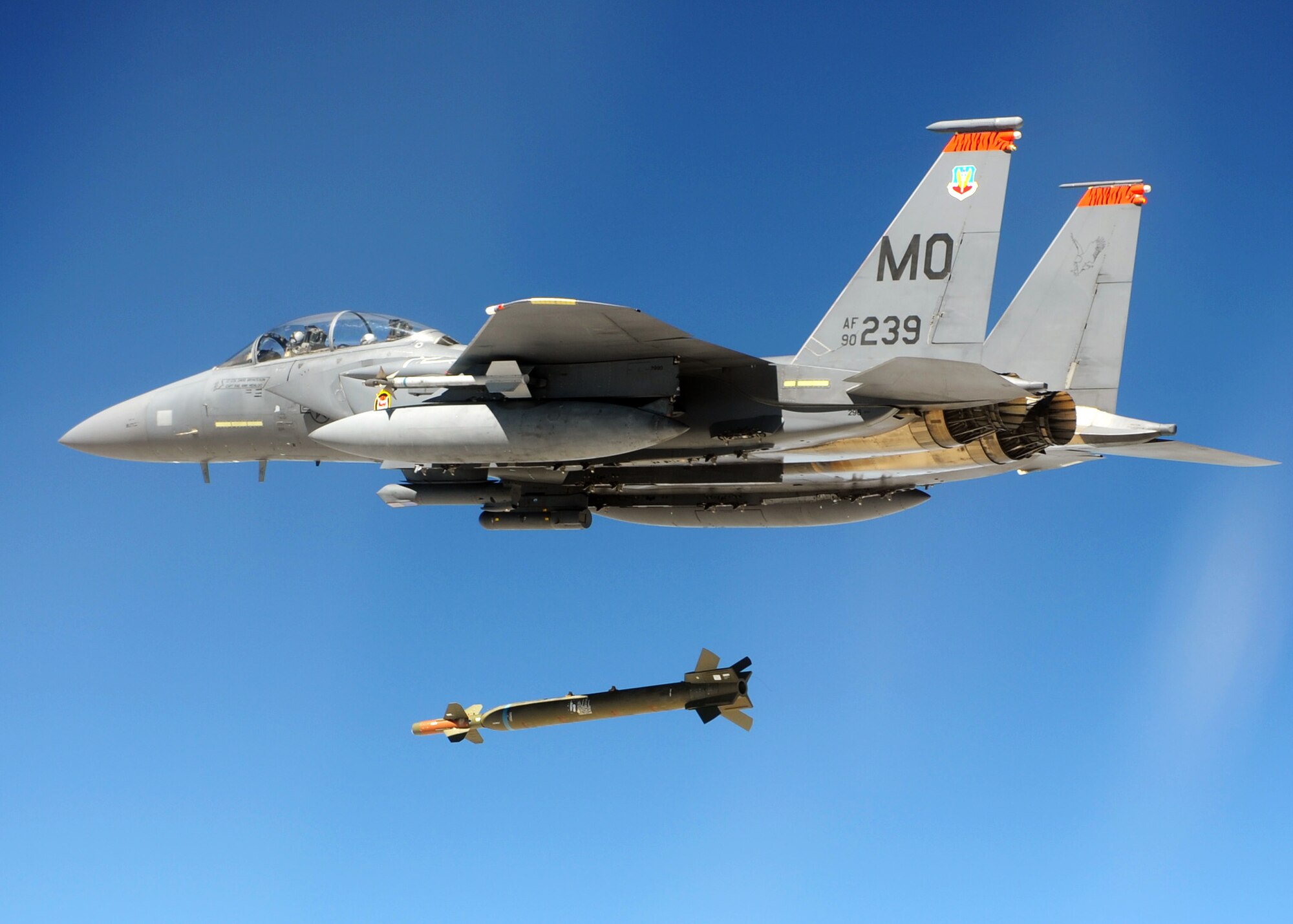 An F-15E Strike Eagle from the 391st Fighter Squadron drops a Guided Bomb Unit-28 during a Combat Hammer mission at Hill Air Force Base, Utah. Twelve planes, eighteen pilots, and thirty- crews from the 391st FS travelled down to Hill AFB to participate in the three week weapons system evaluation. Combat Hammer is an air-to-ground Weapons System Evaluation Program maintained by the 86th Fighter Weapons Squadron. Combat Hammer marked the first of three weeks of evaluation at Hill AFB by the 53rd Weapons Evaluation Group. Combat Archer, an air-to-air evaluation, is the second week, followed by a combined air and ground WSEP in the final week. The WSEP program is used to evaluate the effectiveness and suitability of combat air force weapon systems. The evaluations are accomplished during tactical deliveries of fighter, bomber and unmanned aerial system precision guided munitions, on realistic targets with air-to-air and surface-to-air defenses. For many of the aircrew participating in WSEP, it is the first time employing live weapons. This provides a level of combat experience many units face during combat. (Courtesy photo.) 
