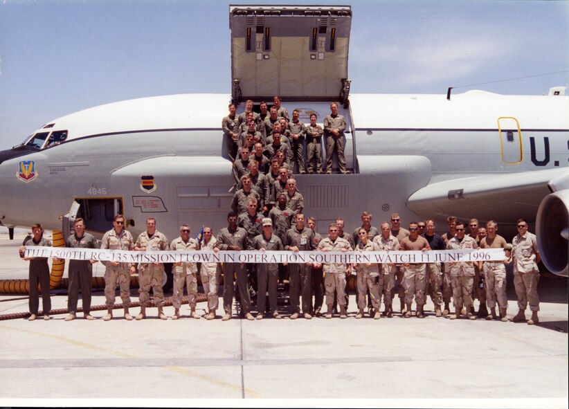 RIYADH AIR BASE, Saudi Arabia - Members of a deployed 55th Wing unit celebrate the 1,500th mission in the Southwest Asia area of responsibility in June 1996.  The 55th Wing commemorated 20 years of continuous presence in the AOR Aug. 9. Photo courtesy of Dan Schreck
