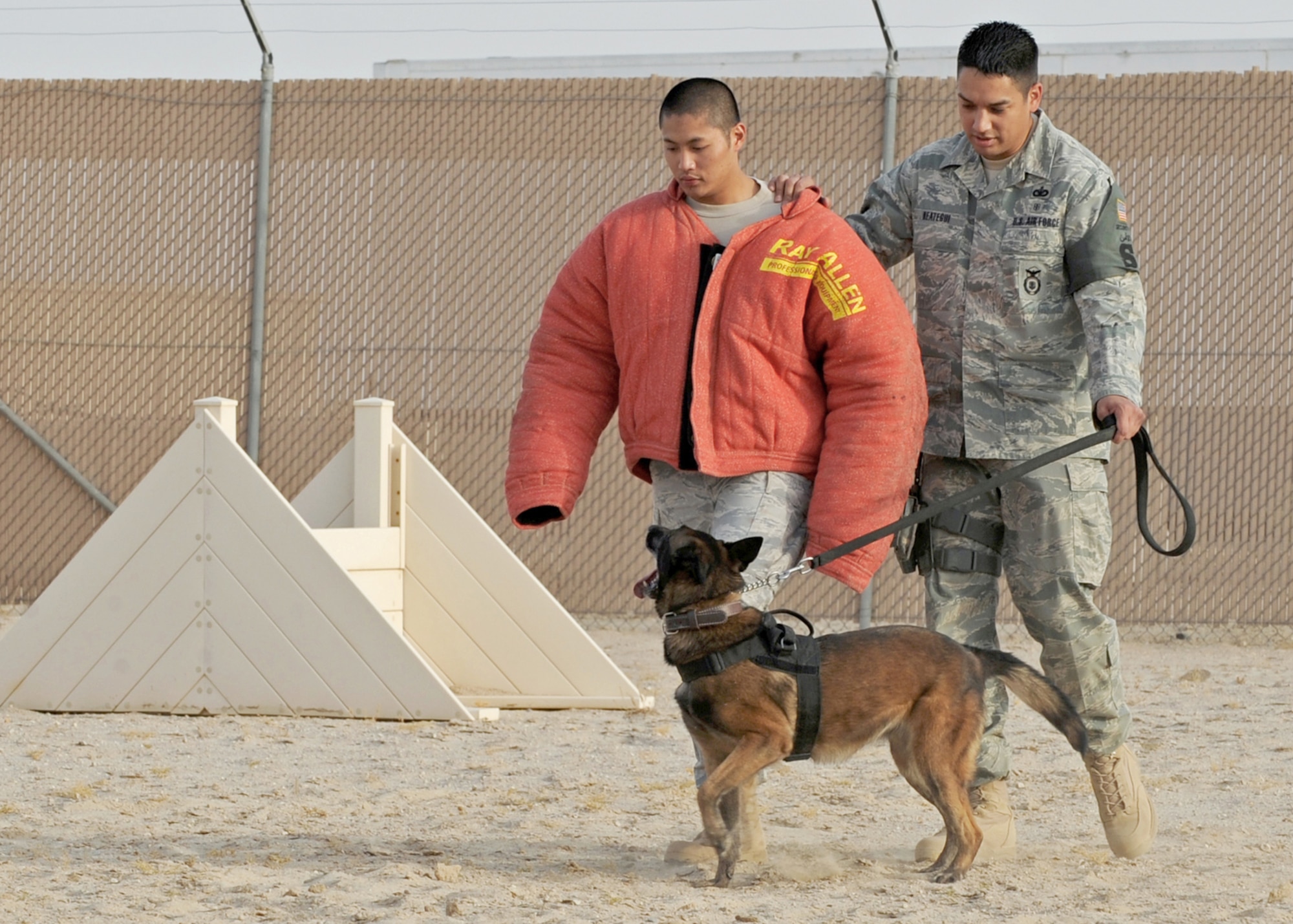 Staff Sgts. Lino Estacion (left) and Angelo Reategui (right) demonstrate the training of a military working dog July 21, 2010, in Southwest Asia. Each dog is trained to walk in front of its handler and watch for sudden movements. Sergeants Estacion and Reategui are dog handlers from the 386th Expeditionary Security Forces Squadron (U.S. Air Force photo/Senior Airman Laura Turner)