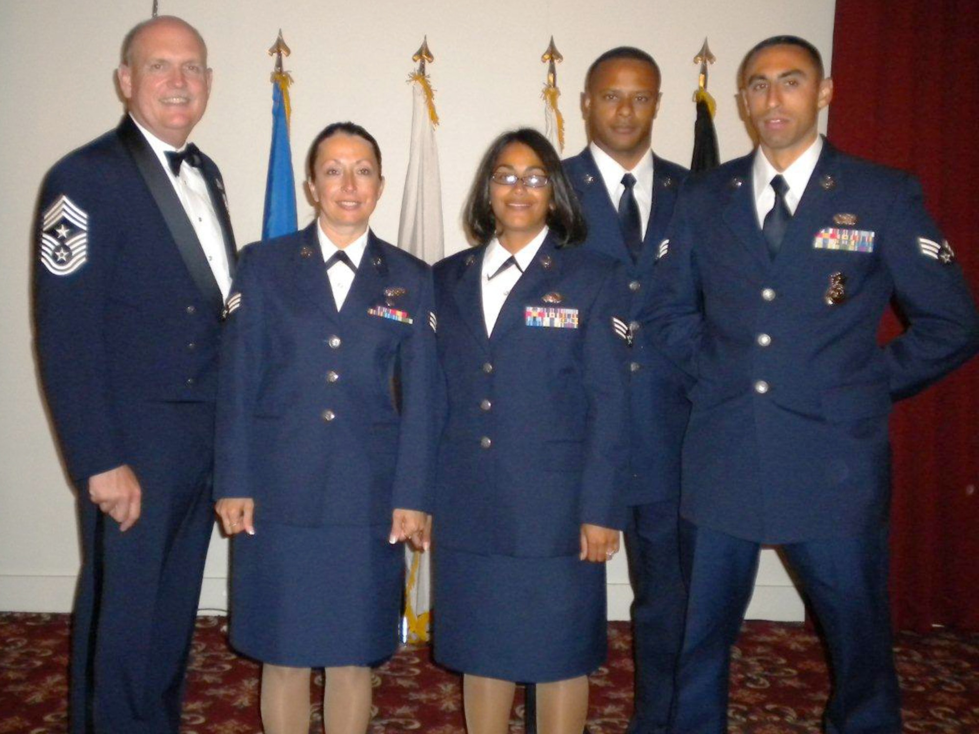 Four Westover Airmen graduated from the Airmen Leadership School at Hanscom Air Force Base, August 6.  The school teaches Airmen the fundamentals of leadership and prepares them for the transition into the Noncommissioned Officer ranks.  From left to right it are Chief Master Sgt. Zigmund C. Skawski, 439th Airlift Wing Command Chief Master Sergeant, Senior Airman Susan Acosta, 439th Aeromedical Evacuation Squadron, Senior Airman Jessica Nieves, 439th Mission Support Squadron, Senior Airman Randal Bell, 439th Services Squadron and Senior Airman Michael Silba, 439th Security Forces Squadron.

