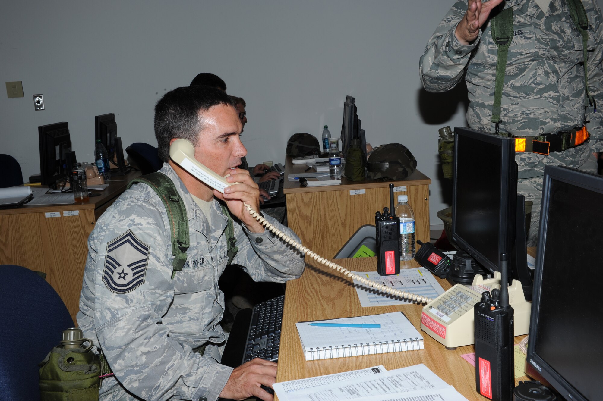 Senior Master Sgt. Gary Weiskircher of the 124th Logistics Readiness Squadron acts as the Transportation Representative in the wing's Emergency Operations Center as part of an Operational Readiness Exercise on 5 August, 2010 held in Boise, Idaho. (Air Force photo by Tech. Sgt. Becky Vanshur)(Released)