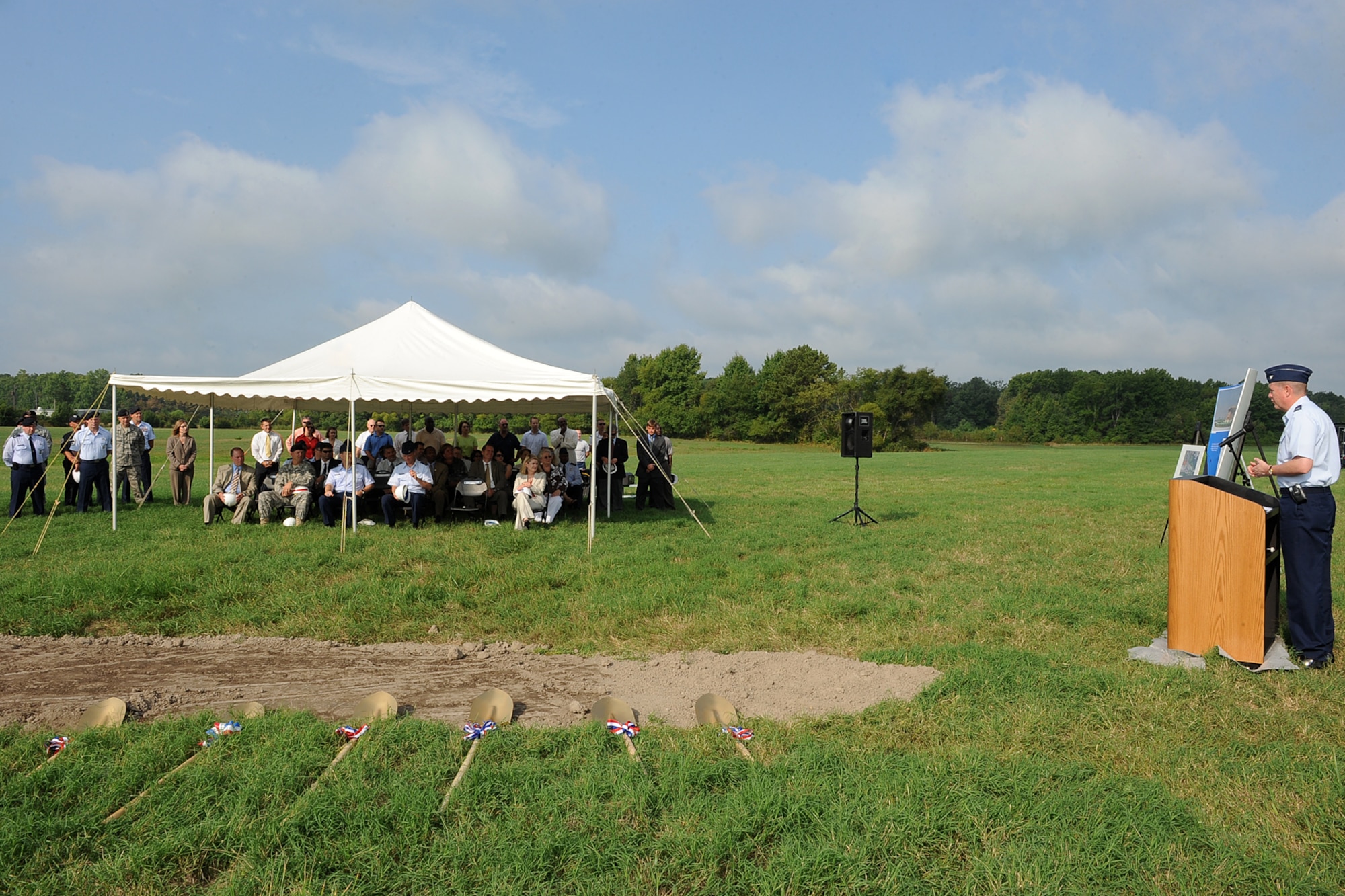LANGLEY AIR FORCE BASE, Va. - Col. Donald Kirkland, 633d Air Base Wing commander speaks to the audience during the ground breaking ceremony Aug. 9. The ceremony was held for a $ 7.2 million state of the art, large vehicle inspection station near the Armistead Gate. (U.S. Air Force photo/Senior Airman Gul Crockett)
