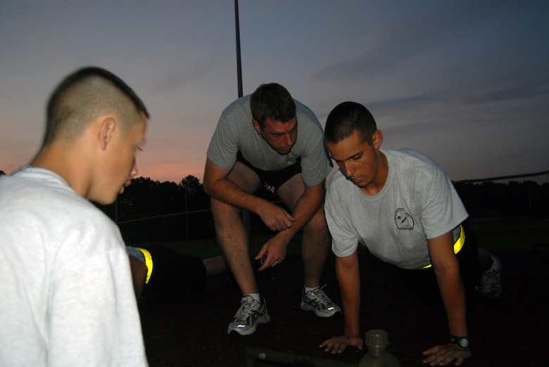 Civil Air Patrol cadets take a physical fitness qualifying test at the Pope Fitness Center Aug. 6 during a combat control orientation course at Pope.  The CCOC is a week-long course during which Civil Air Patrol cadets replicate the training environment and promote an awareness of the job duties performed within combat control and special tactics. (U.S. Air Force Photo/ 1st Lt. Cammie Quinn)
