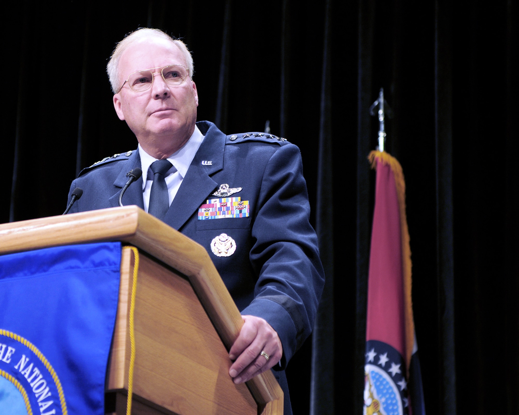 Gen. Craig McKinley, the chief of the National Guard Bureau, tells Guard members attending the 39th Annual Conference of the Enlisted Association of the National Guard of the United States in St. Louis Aug. 8, 2010, that the National Guard likely will continue to play a significant role in overseas contingency operations for the foreseeable future. (U.S. Army photo/Staff Sgt. Jim Greenhill)