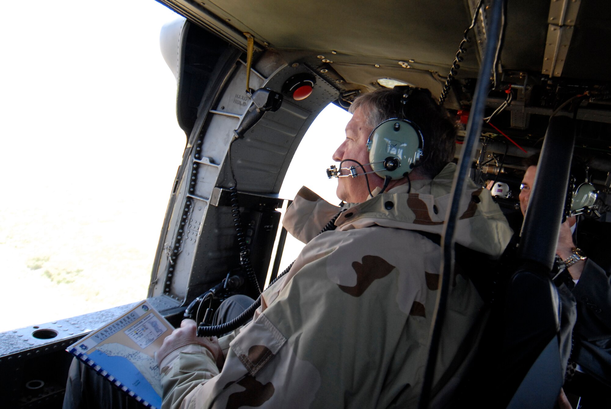 Secretary of the Air Force Michael Donley flew with members of the 129th Rescue Squadron during a visit to Vandenberg Air Force Base to tour the base and observe the intercontinental ballistic missile, Minuteman III, test launch, June 15, 2010.  (Air National Guard photo by Master Sgt. Dan Kacir/RELEASED)