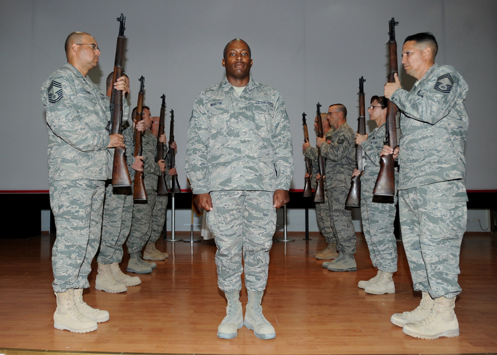 SOUTHWEST ASIA - Master Sgt. (select) Sean Martin, 386th Expeditionary Logistics Readiness Squadron, observes a rite of passage during a Senior NCO Induction Ceremony at an undisclosed air base here August 8, 2010. The ceremony recognized Martin and 20 other newly promoted senior NCOs, signifying the levels of accomplishment each inductee has achieved in the Air Force. (U.S. Air Force photo by Senior Airman Laura Turner)