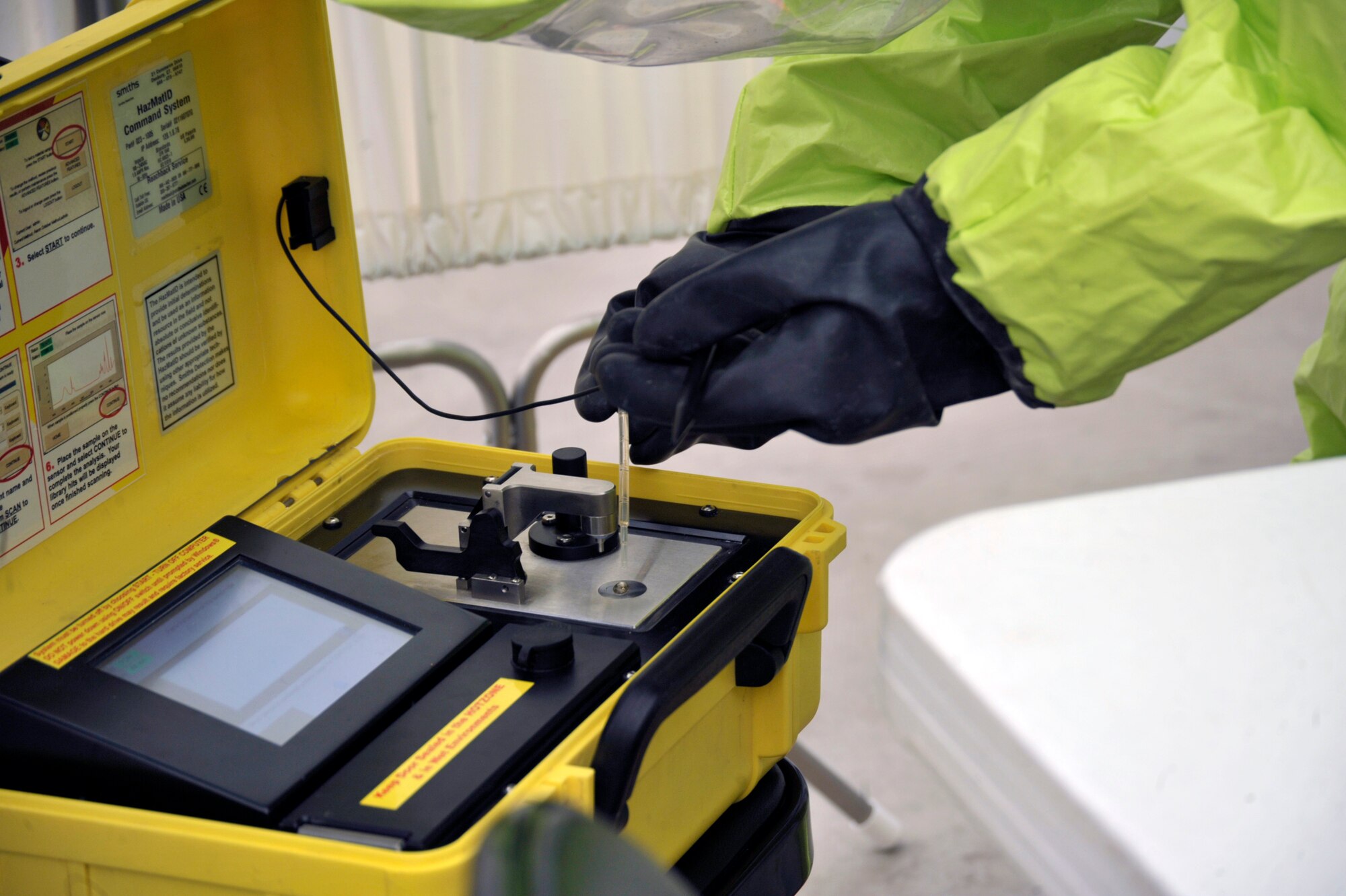 A 380th Civil Engineer Squadron emergency management journeyman places a liquid sample onto a HAZMAT ID machine during a hazardous response exercise at an undisclosed location in Southwest Asia Aug 7. (U.S. Air Force Photo/Tech. Sgt. April Wickes) 

