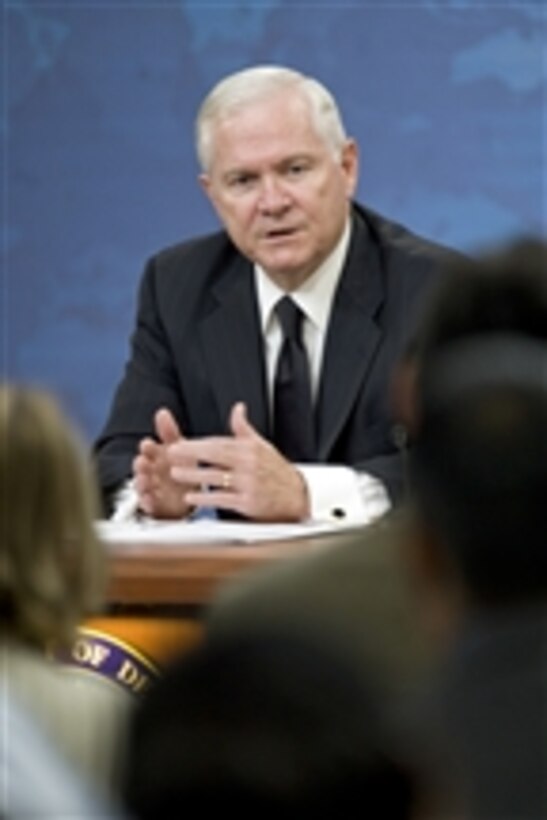 Secretary of Defense Robert M. Gates conducts a press conference in the Pentagon on Aug. 9, 2010.  
