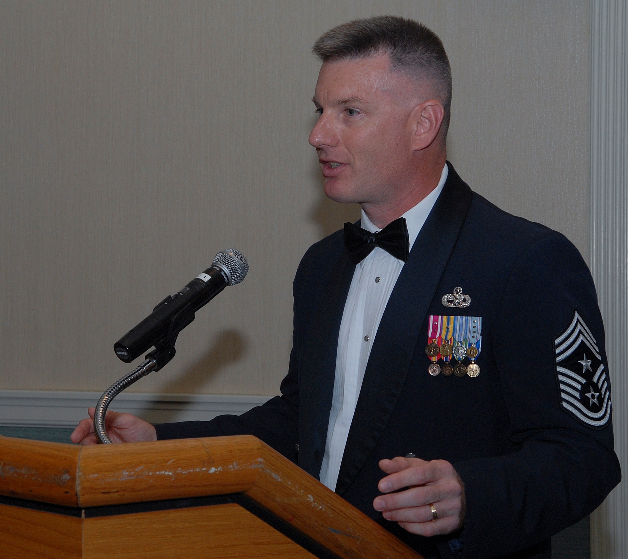KUNSAN AIR BASE, Republic of Korea -- Chief Master Sgt. Stephen Ludwig, 7th Air Force command chief master sergeant, speaks during the Kunsan Airman Leadership School Class 10-K graduation here Aug. 6. The class was the first at Kunsan in six years. (U.S. Air Force photo/Senior Airman Roy Lynch)