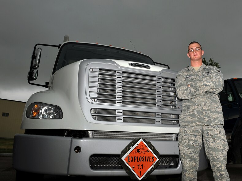 MINOT AIR FORCE BASE, N.D. -- Airman 1st Class Michael Casey, 5th Munitions Squadron line delivery crew member, is from Rancho Cordova, Calif. Airman Casey joined the Air Force in October 2009 to “broaden his horizons and enhance his education.” One of his career goals is attaining the rank of chief master sergeant. In his free time, he relaxes by playing sports and camping with his friends. (U.S. Air Force photo by Senior Airman Michael J. Veloz)