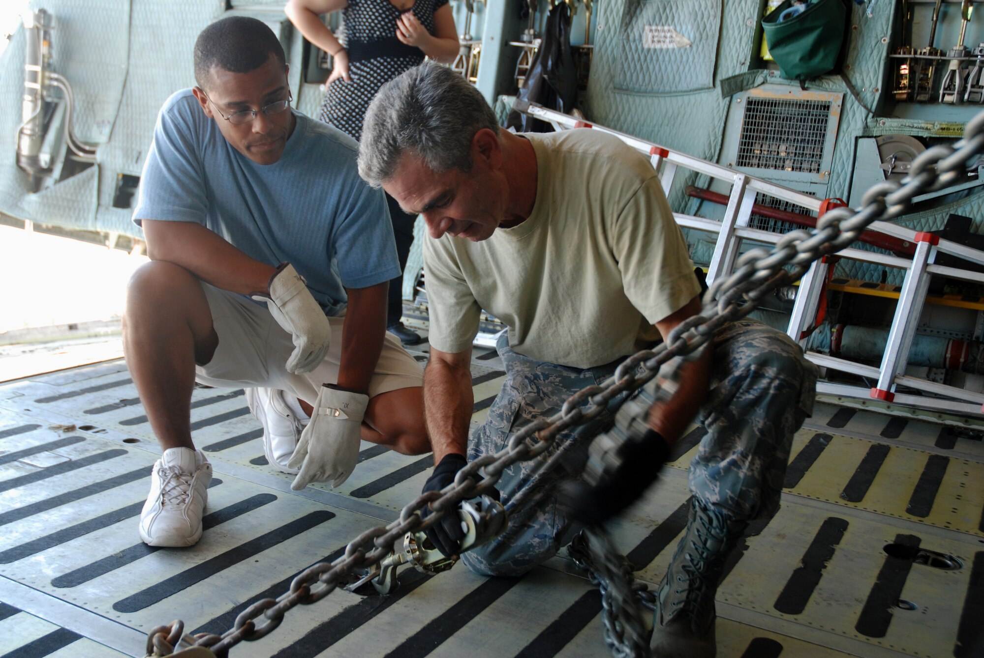 Employers of Westover Reservists visited the Patriot Wing on Saturday of the August A UTA to learn first hand what it means to be a Reservist.  Activities the employers participated in included an Aerial Port demonstration on cargo loading, a tour of the C-5, a flight in the C-5 simulator, a Mission Oriented Protective Posture demonstration and a trip to the Dog Patch training area.