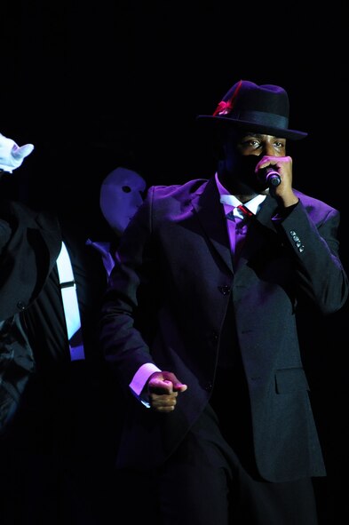 Staff Sgt. Antonio Howard, 6th Security Forces Squadron journeyman, beat boxes in the Tops in Blue show at the Rushmore Plaza Civic Center in Rapid City, S.D., Aug. 8. Sergeant Howard hails from Dublin, GA. (U.S. Air Force photo/Senior Airman Corey Hook)