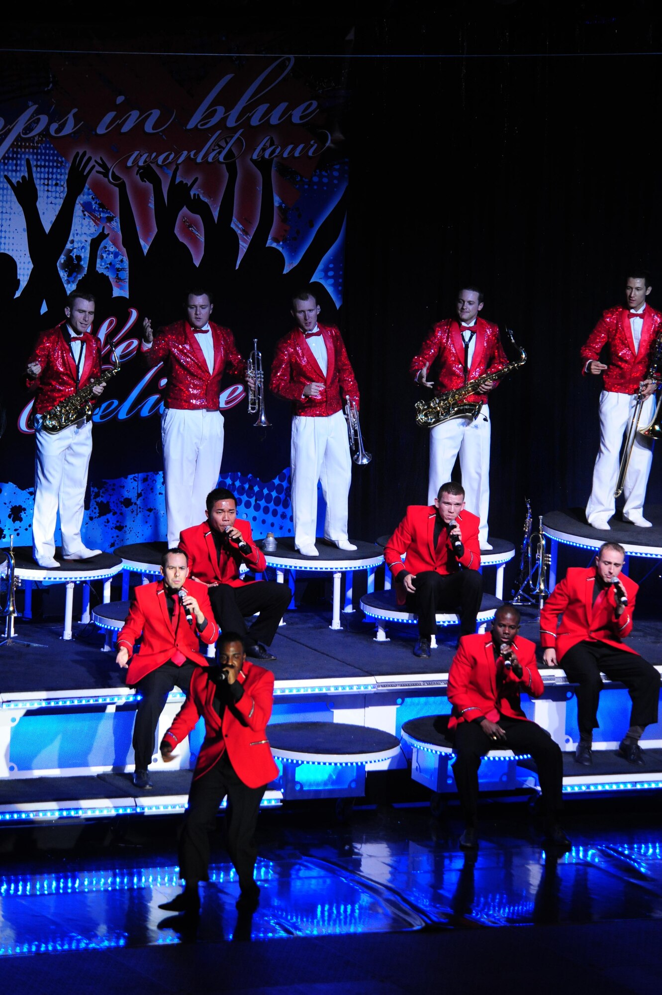 Tops in Blue performs at the Rushmore Plaza Civic Center in Rapid City, S.D., Aug. 8. Tops in Blue is an all active-duty Air Force group made up of amateur performers selected for their musical talents. (U.S. Air Force photo/Senior Airman Corey Hook)