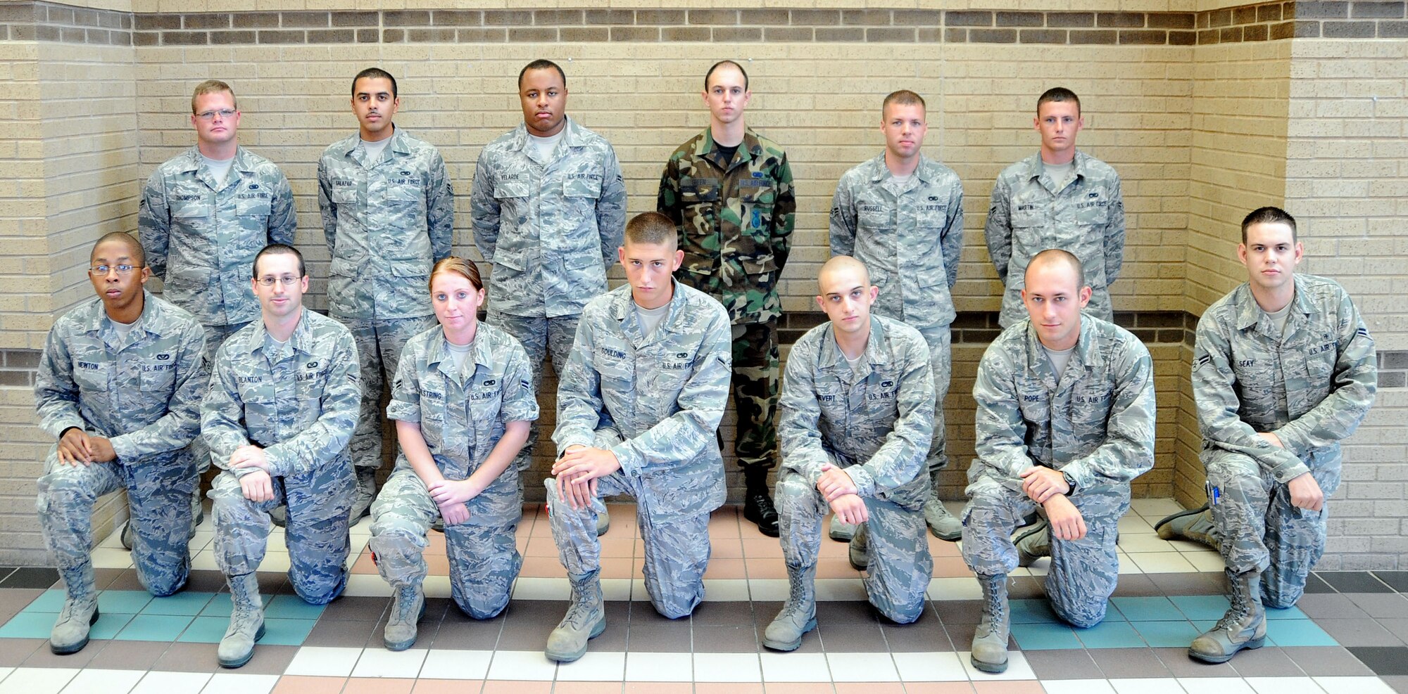 Congratulations to Team McConnell’s newest First Term Airman’s Center graduates who graduated Aug. 13, 2010, at McConnell Air Force Base, Kan. Front row (left-right): Airmen 1st Class Ricardo Newton, Joseph Blanton, Katherine Coulstring, Airman Barrett Goulding, Airman Basic Christopher Chenevert, Tyler Pope and Airman 1st Class Lawrence Seay. Back Row (left-right): Airman 1st Class Michael Thompson, Luis Salazar, Kendall Velarde, Casey Green, Brian Russell and Richard Martin. (U.S. Air Force photo/Senior Airman Courtney Witt)