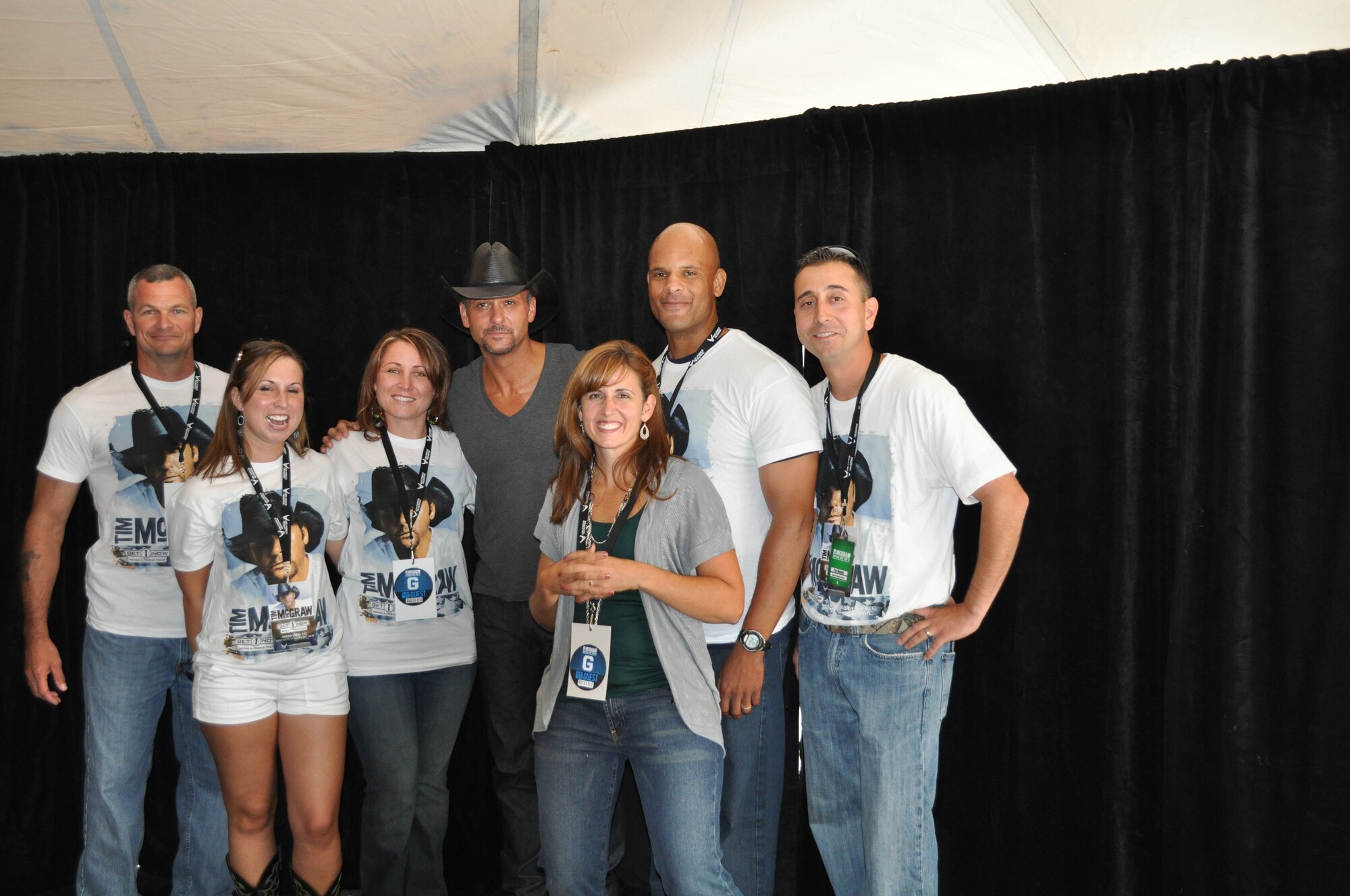 914th Airlift Wing members, 914th Maintenance Group Commander Lt. Col. Kelvin McElroy, 914th Maintainence Group Superintendent Chief Master Sgt. Stephen Trosterud, 914th Airlift Wing Senior Recruiter Senior Master Sgt. Pat Muoio and guests stand with Tim McGraw at his concert at Darien Lake, NY August 6. 