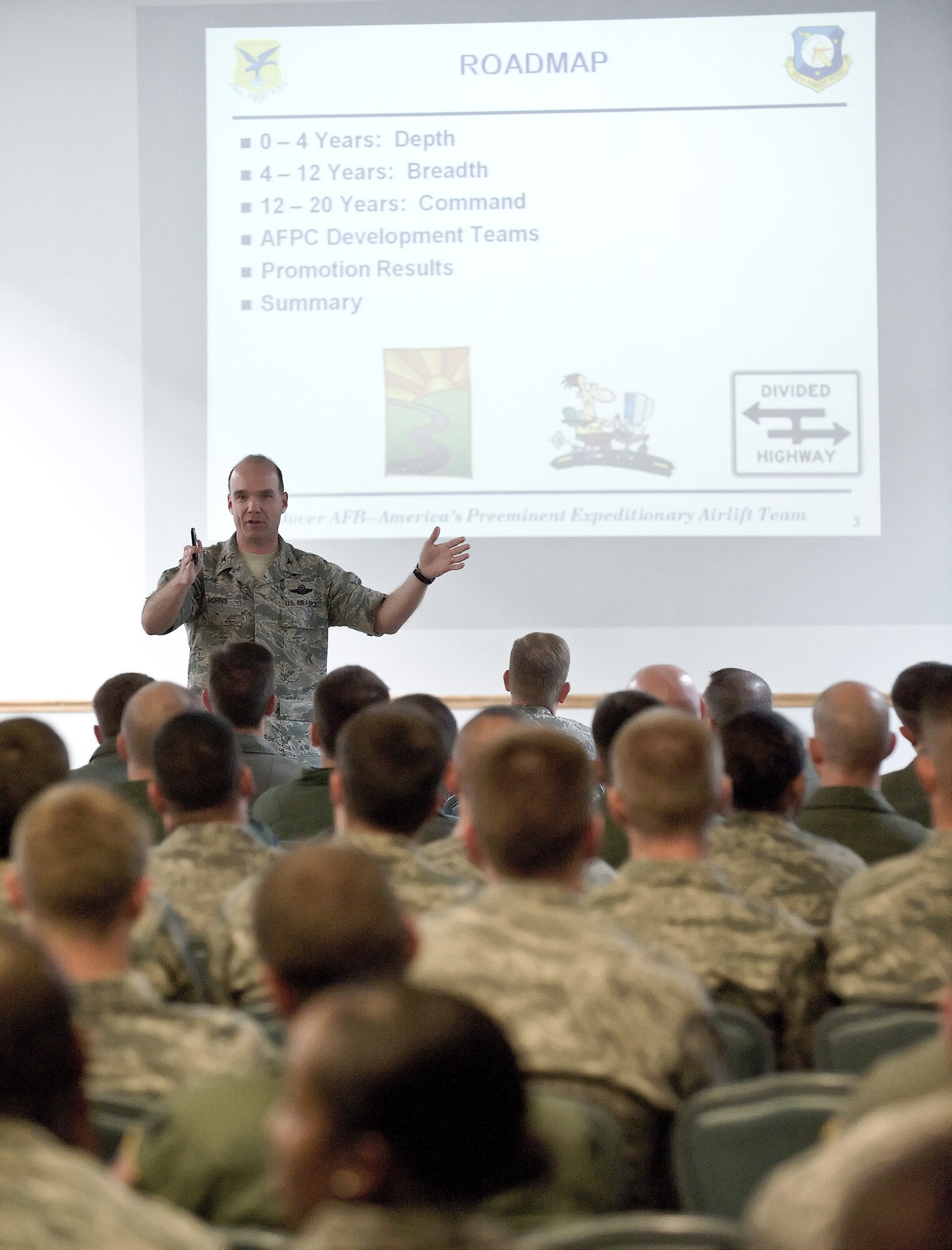 Col. Manson Morris, 436th Airlift Wing commander, speaks to his fellow officers during an Officer Career Brief Aug. 10, 2010. Colonel Morris spoke on the importance of continuing their education and the different opportunities that would be available to them. He also spoke on the career cycle of officers and the statistics of promotion. (U.S. Air Force photo by Roland Balik/Released)