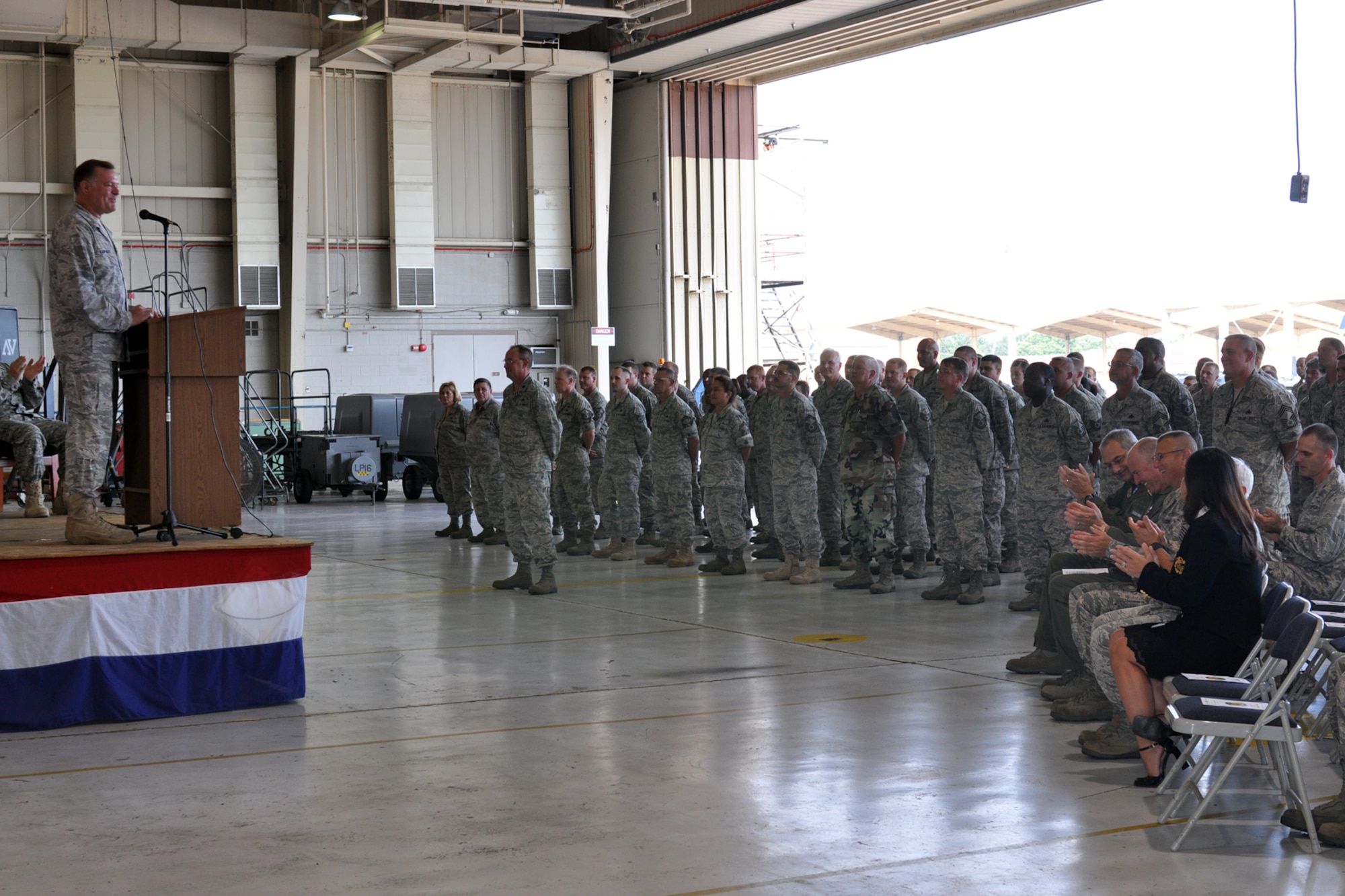 Major Leo J. Kamphaus Jr, commander, 917th Maintenance Squadron, Barksdale Air Force Base, La., addresses the Airmen of the 917th MXS during his assumption of command ceremony here August 7, 2010. Major Kamphaus comes to the 917th Wing from the 301st Fighter Wing, Naval Air Station Joint Reserve Base, Fort Worth, Texas.  (U.S. Air Force photo/Senior Airman Crystal Marie Jordan)