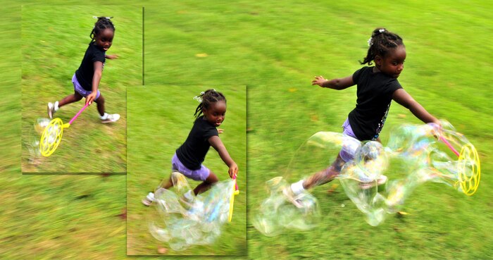Addison Chavis races with her bubbles during the summer reading finale at the base picnic grounds Aug. 7, 2010, on Joint Base Charleston, S.C. At the bubble station, Addison and fellow summer readers tried to create the biggest bubbles and continued the fun with sidewalk chalk in sunny, florescent colors. Addison is the daughter of Allen and Robyn Chavis. Mr. Chavis is a civilian contractor with Scientific Research Corporation. (U.S. Air Force photo illustration/Staff Sgt. Daniel Bowles)