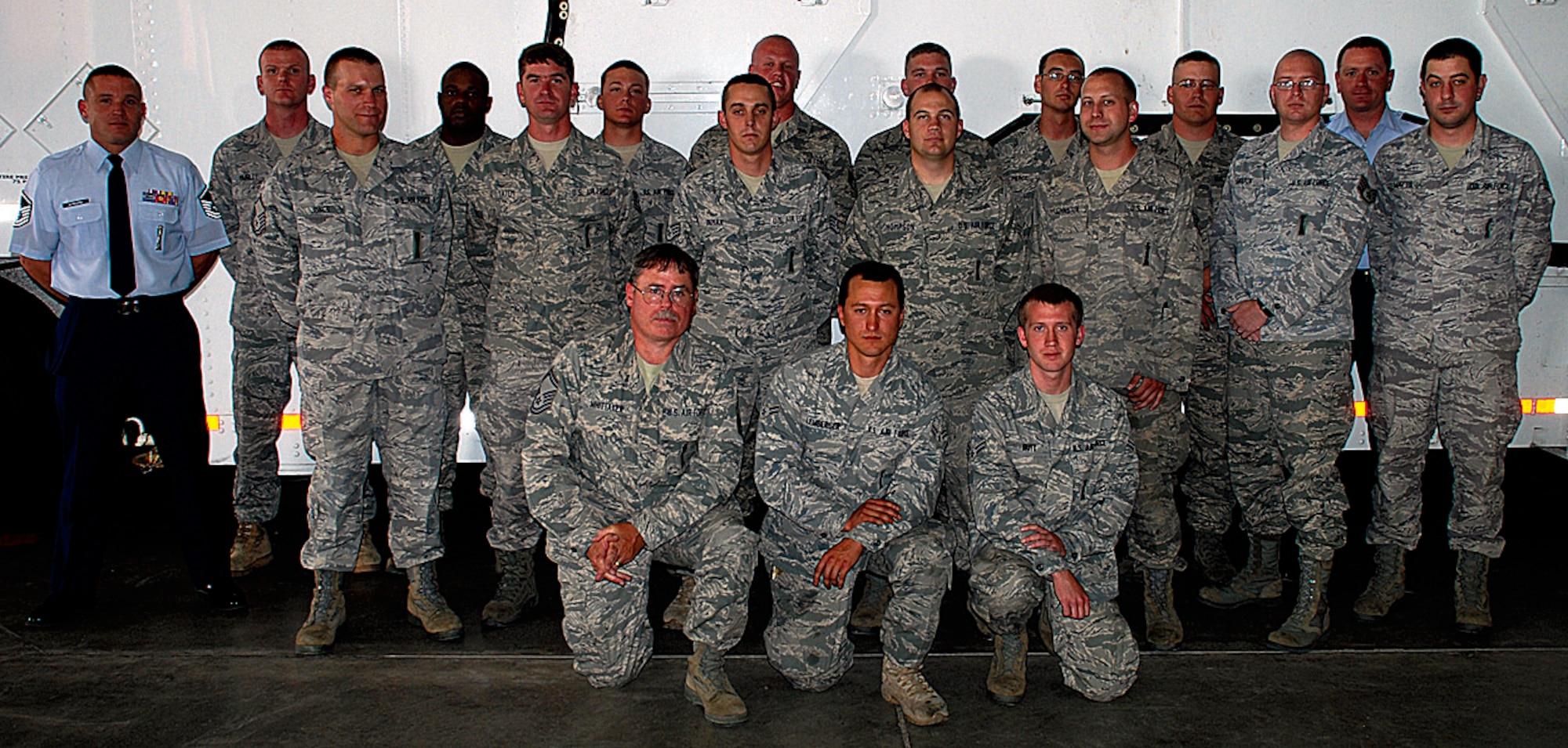 Maintenance team members, trainers and supervisors for Global Strike Challenge pose for a team photo in Bldg. 1235 on Aug. 2. Team members are; Staff Sgt. Shawn Allen, Senior Airman Brandon Coble, Airman 1st Class Christopher Hermosillo, Staff Sgt. Ricardo Hollingsworth, Staff Sgt. Ian Johnston, Airman 1st Class Evan Lemberger, Senior Airman Thomas Pierce, Staff Sgt. John Thompson, and Senior Airman Jeffrey Watts, all from the 90th Missile Maintenance Squadron, and Staff Sgt. Justin Lee, 90th Maintenance Group; alternates are Staff Sgt. Roland Dorta (not pictured), from the 90th Maintenance Operations Squadron, Senior Airman Gary Murley and Airman 1st Class Seth Rutt, both from the 90th MMXS, and Staff Sgt. Andrew Shelton, 90th MOS; trainers are Staff Sgt. Roland Dorta, 90th MOS, Staff Sgt. Neil Inman, Master Sgt. Beau Jones, and Tech. Sgt. Brett Tatem, from the 90th MMXS; and the supervisors are 1st Lt. Heath Matthews and Master Sgt. Juston Workman, both from the 90th MOS, and Senior Master Sgt. Michael Whittaker, 90th MMXS. (U.S. Air Force photo by Staff Sgt. Mike Tryon)
