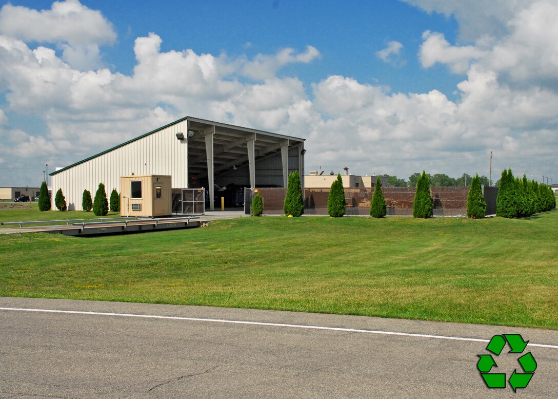 The entrance to the Niagara Falls Air Reserve Station Recycling Center is ready to collect recyclables July 30, 2010, Niagara Falls NY. The Niagara Falls Air Reserve Station Recycling Center encourages all members to recycle cardboard, plastic and metal waste whenever possible. (U.S. Air Force photo by Michael Harvey)