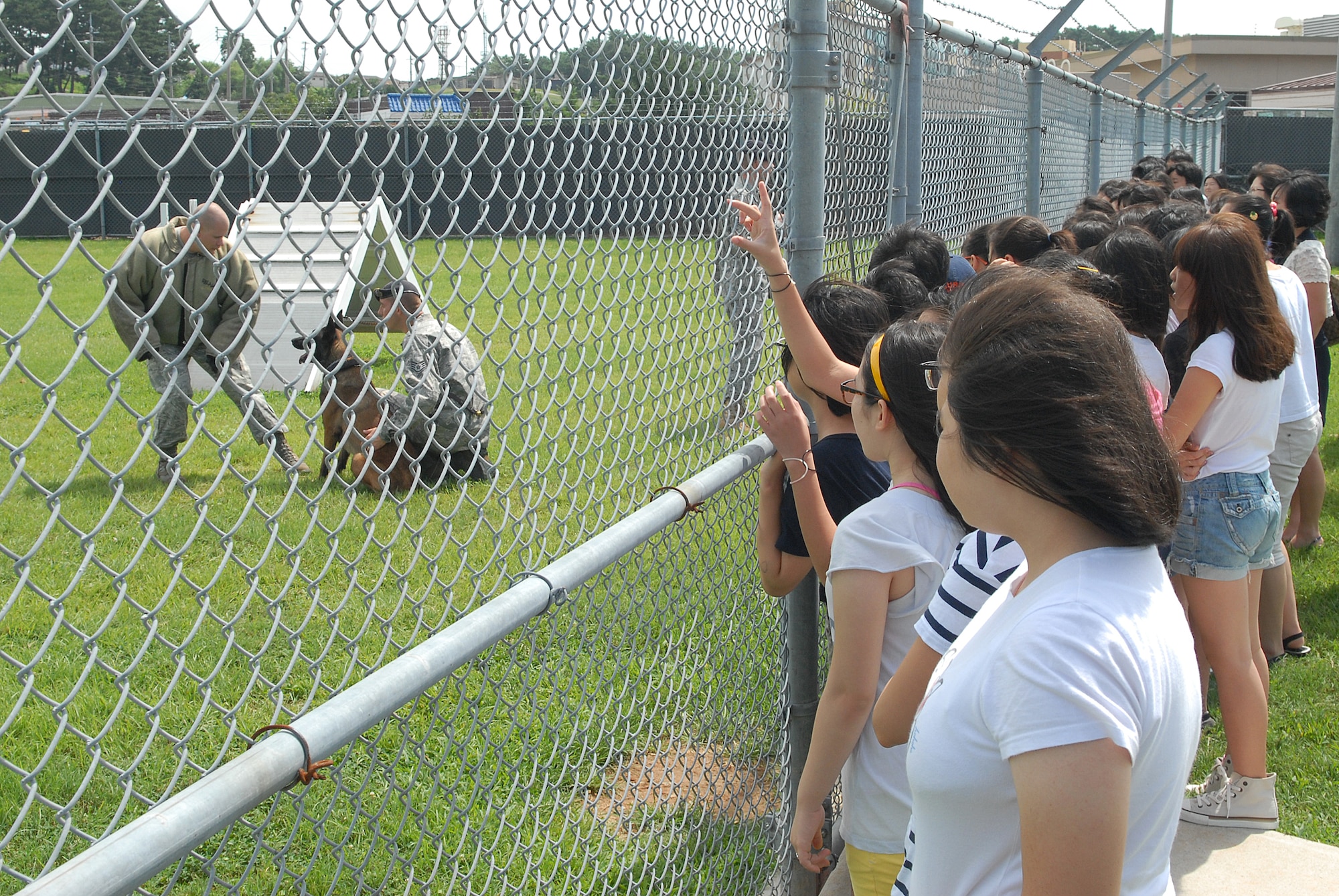 KUNSAN AIR BASE, Republic of Korea -- English camp tour students watch a military working dog demonstration given here by the 8th Security Forces Squadron Aug. 11. More than 60 students from several elementary and middle schools in Gunsan city participated in the tour. (U.S. Air Force photo/Senior Airman Ciara Wymbs) 