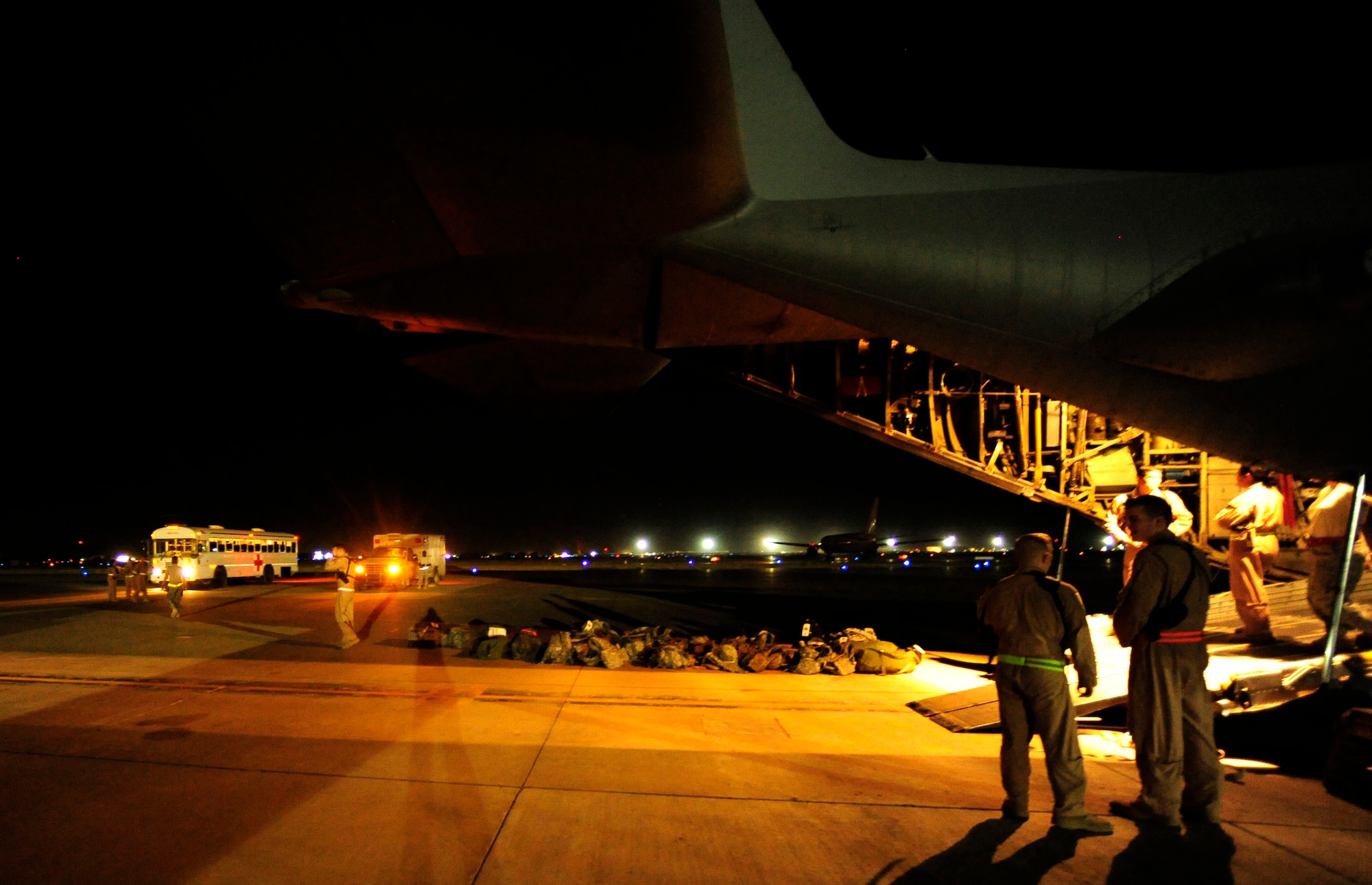 Airmen from the 332ND Medical Group Contingeny Aeromedical Staging Facility (CASF) medical vehicles pull up to transport patients to the Joint Base Balad theater hospital on July 17, 2010.
(U.S. Air Force photo by Staff Sgt. Andy M. Kin / Released)