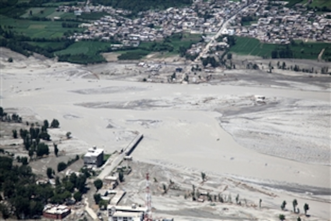 An aerial view of damage caused by flooding is shown in the Khyber Pakhtunkhwa province of Pakistan Aug. 5, 2010. Humanitarian relief and evacuation missions are being conducted as part of the disaster relief efforts to assist Pakistanis in flood-stricken regions of the nation.