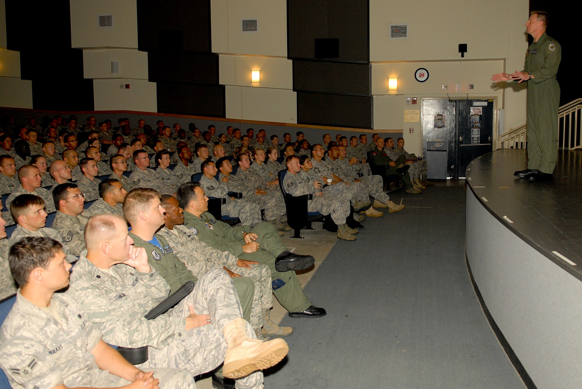 KUNSAN AIR BASE, Republic of Korea -- Col. John Dolan, 8th Fighter Wing commander, highlights some important upcoming events during a commander’s call here Aug. 13. This was Colonel Dolan’s first commander’s call since taking command of the base. (U.S. Air Force photo/Senior Airman Ciara Wymbs)